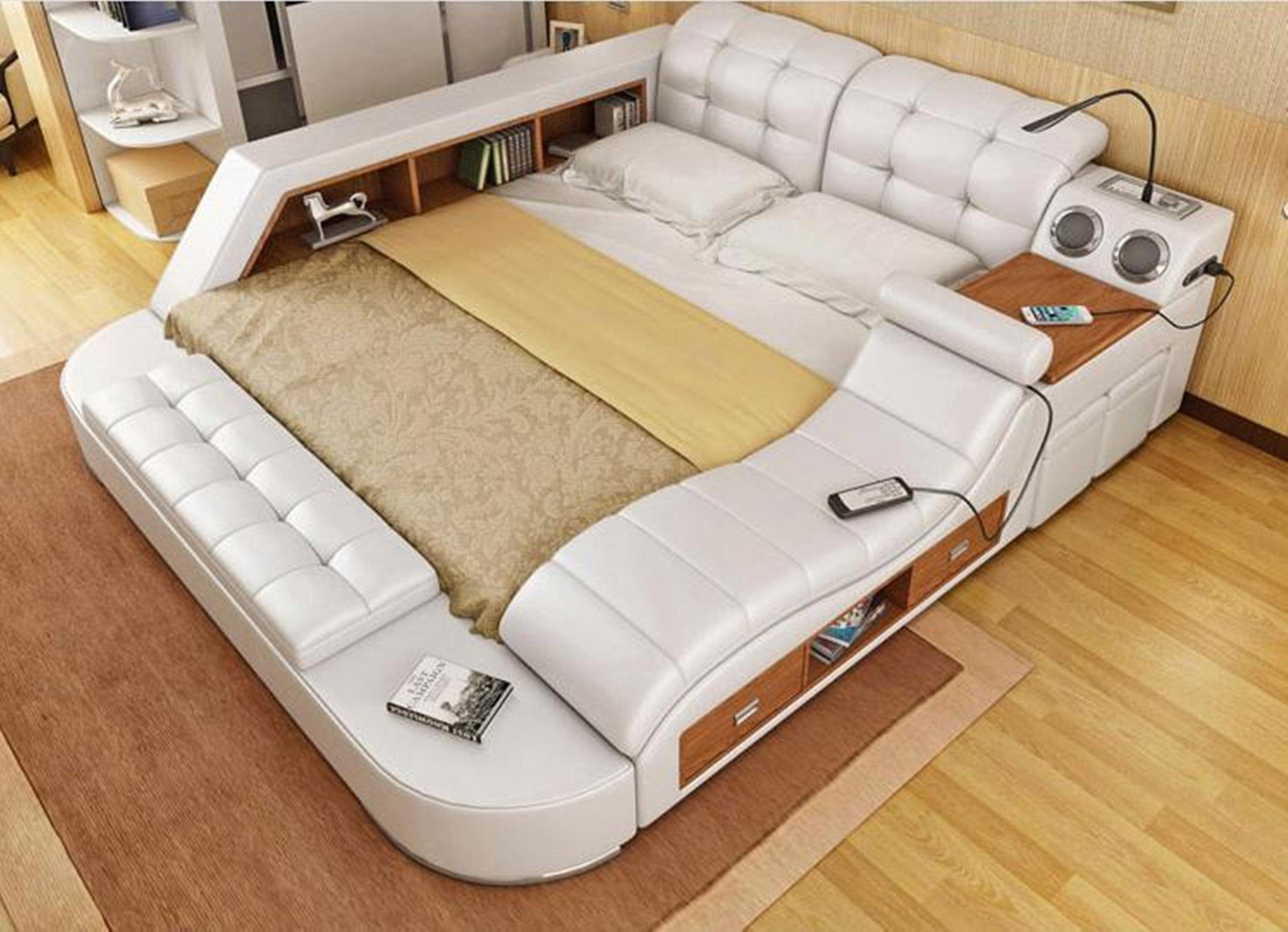 JVmoebel Bett Polster Bett Doppel Betten mit Weiß Regale Massagefunktion Multifunktion