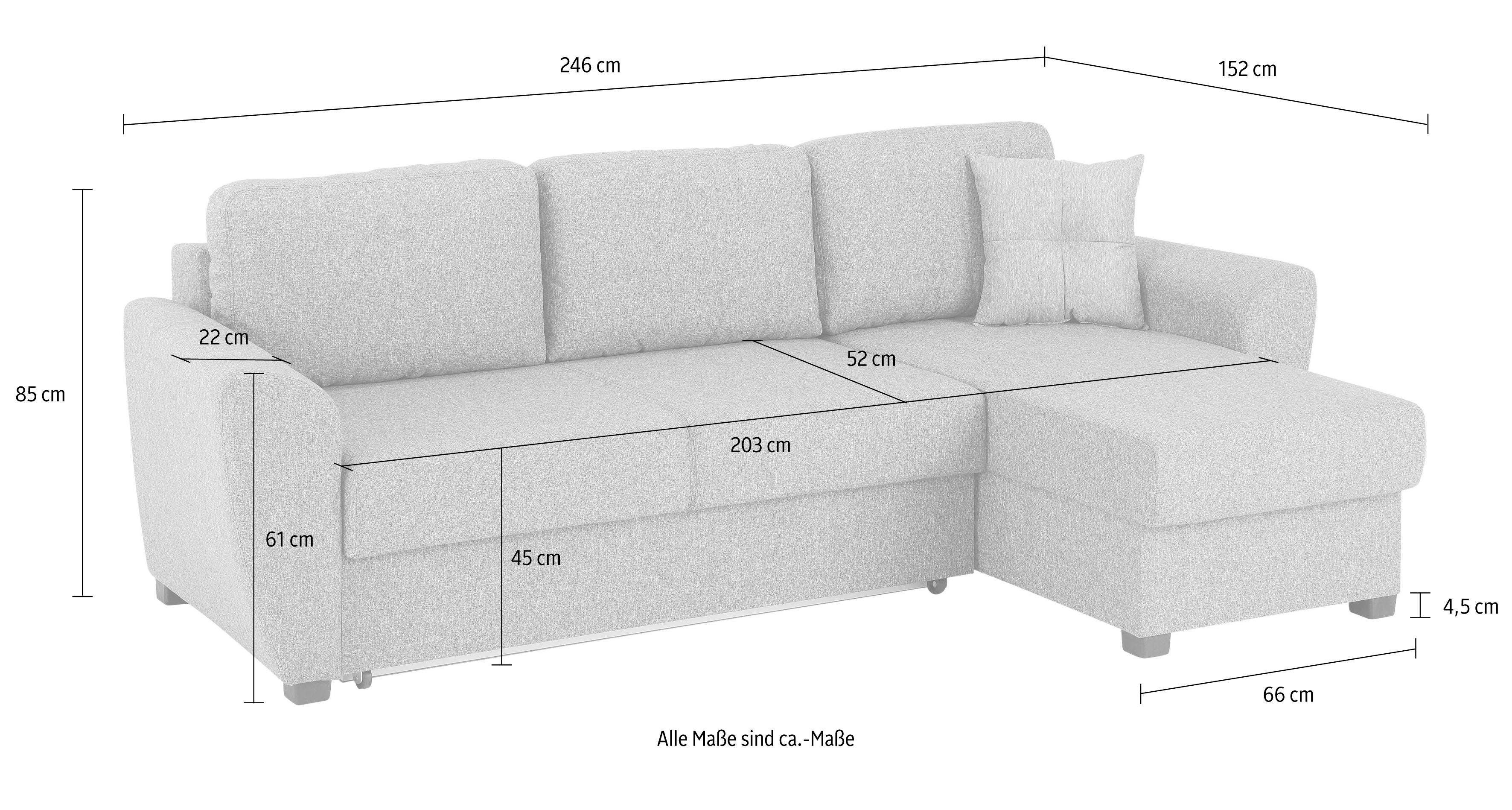 Home affaire Ecksofa Quin L-Form, mit Bettfunktion, Bettkasten und Zierkissen, mit Federkern