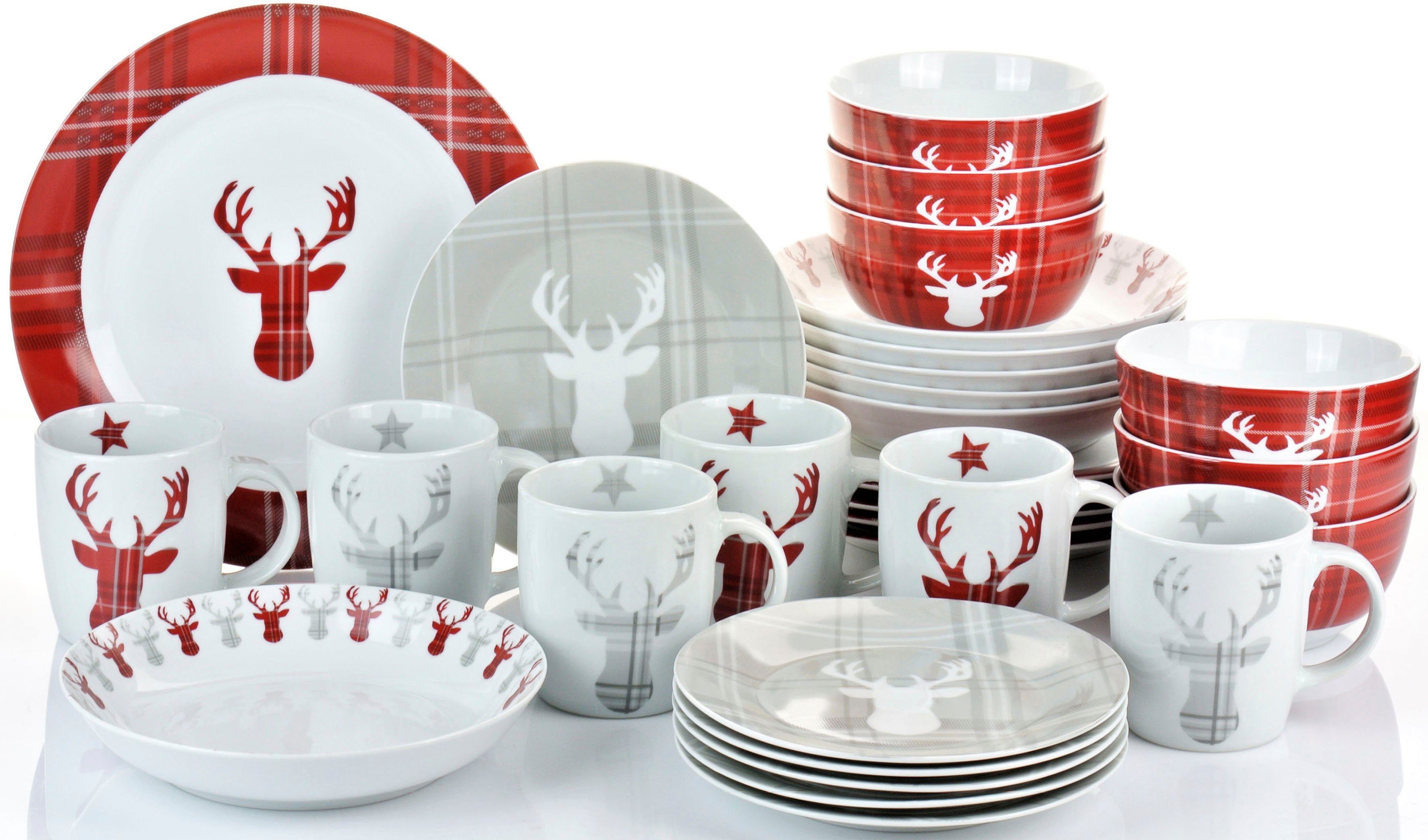 Retsch Arzberg Service Schottenkaro, STAG, Personen HIGHLAND Winter, 6 Porzellan, Teile, Weihnachten Hirsch für 6 Geschirr-Set, 30 trifft (30-tlg), Kombiservice Advent, Personen