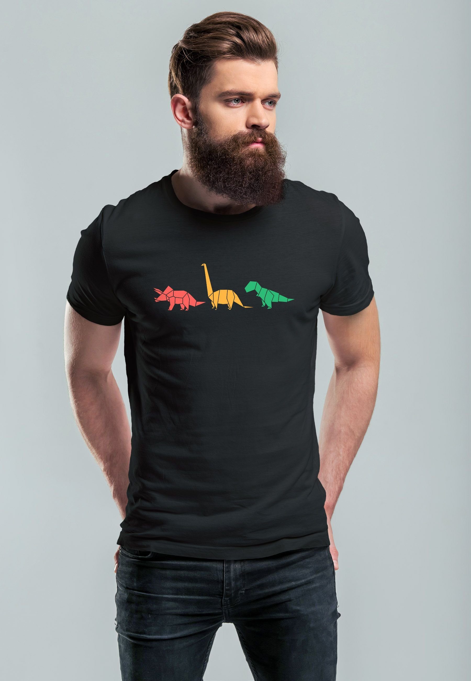 Print Dinosaurier Print Fash Tiere Geometric T-Shirt Polygon Print-Shirt Herren mit Neverless Aufdruck schwarz