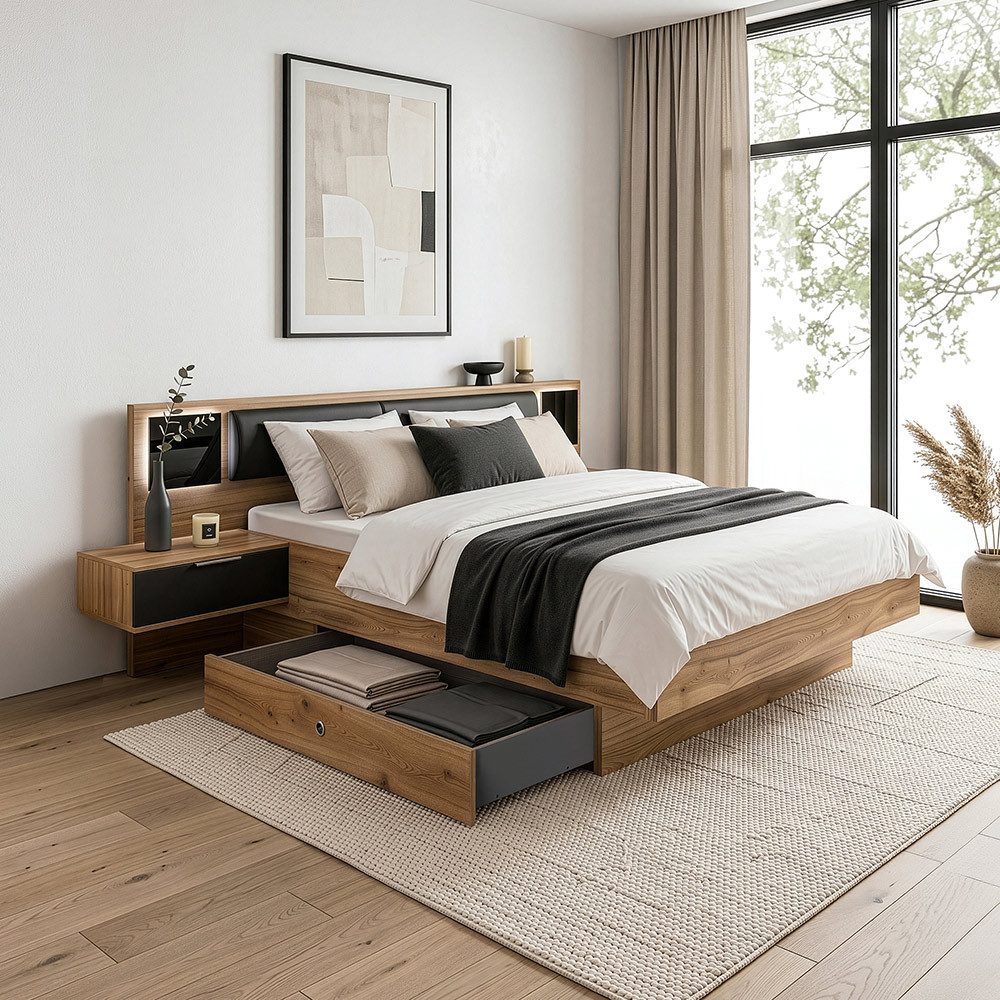 Lomadox Bett VIESTE-43, 160cm, 2 Bettschubladen, 2 Nachttischen, Beleuchtung, graphit/Eiche