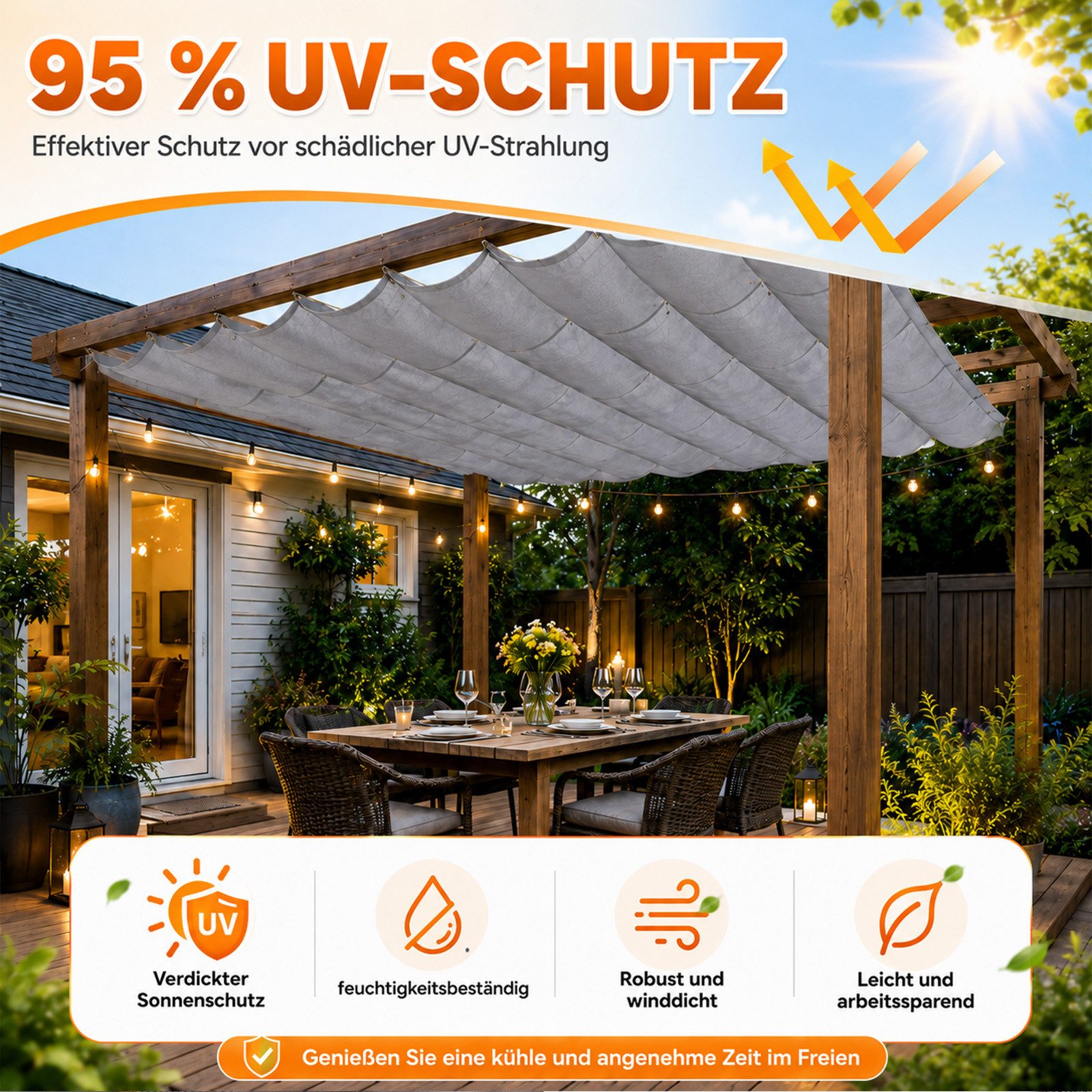 Lapamax Sonnensegel Wasserdichtes Sonnensegel mit UV-Schutz, einziehbar, Reißfest, Verstellbare Pergola-Markise für Terrasse, Garten & Balkon, Sand – Bild 2 von 5
