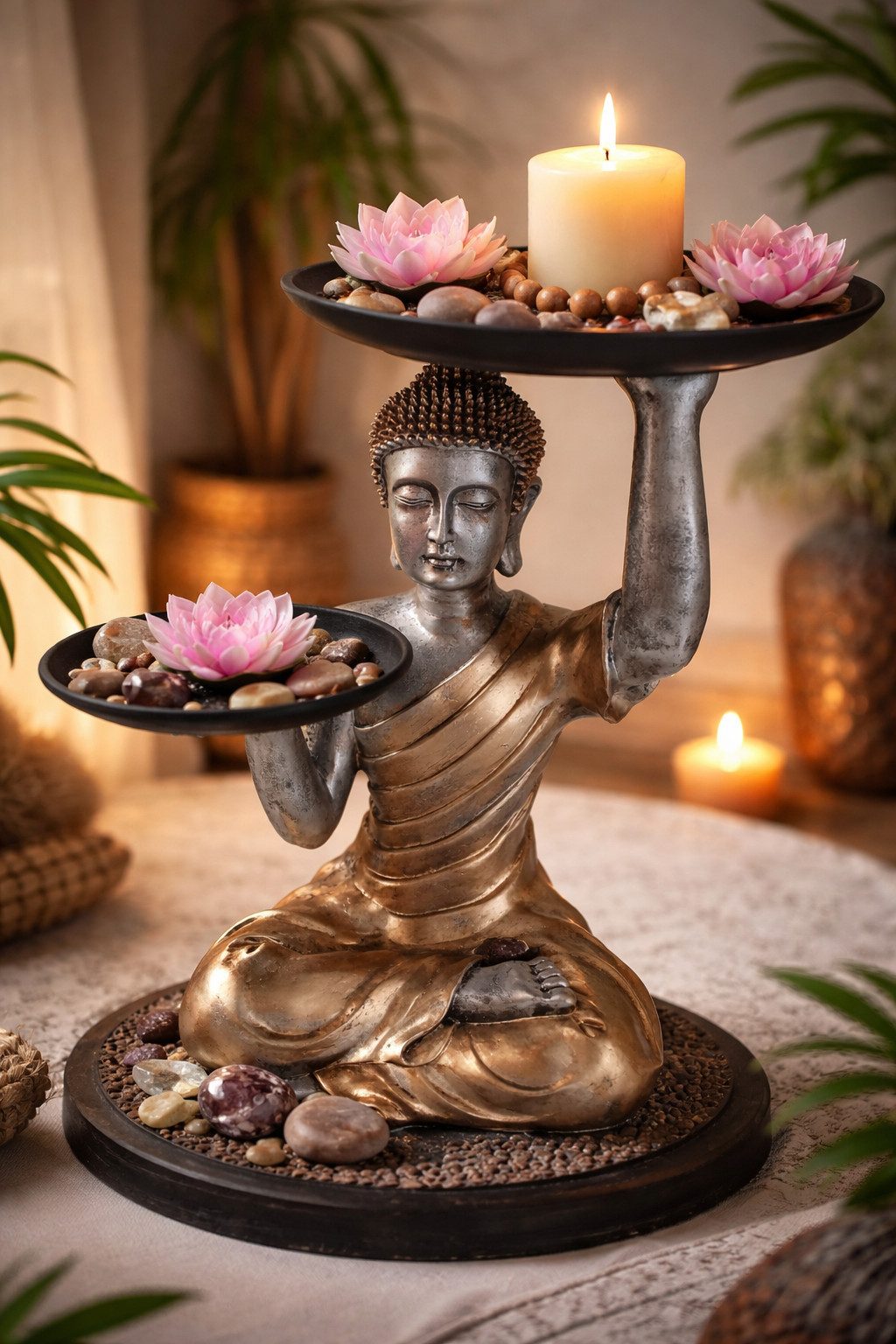 MF Buddhafigur Buddha Figur Siddhara mit Serviertabletts gold dekorative Ablagefigur (1 St)