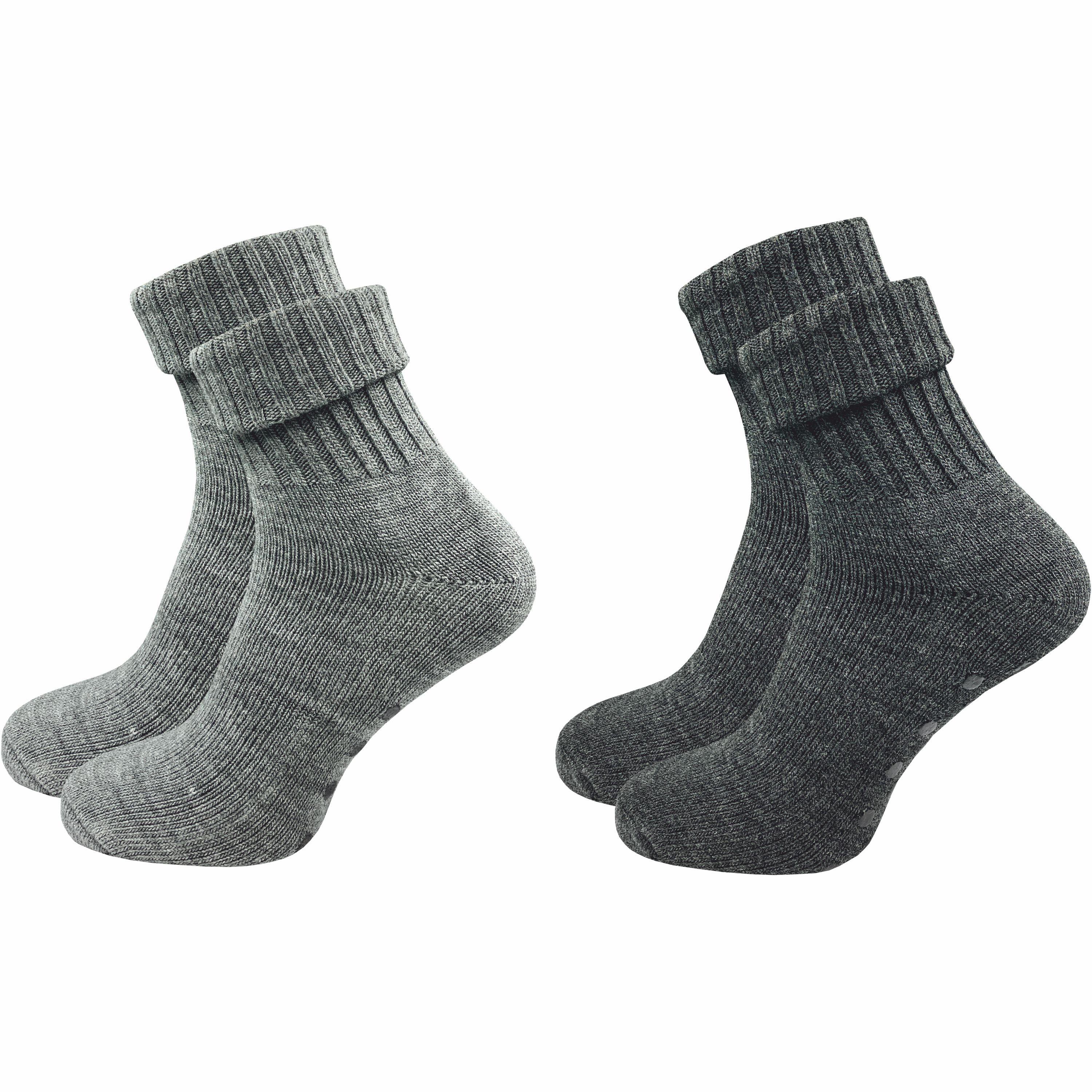 GAWILO ABS-Socken für Damen aus Wolle für extra warme Füße, Stoppersocken (2 Paar) Rutschfeste Hausschuhsocken, Weiche & kuschlige Socken mit Noppen grau & dunkelgrau | Wintersocken