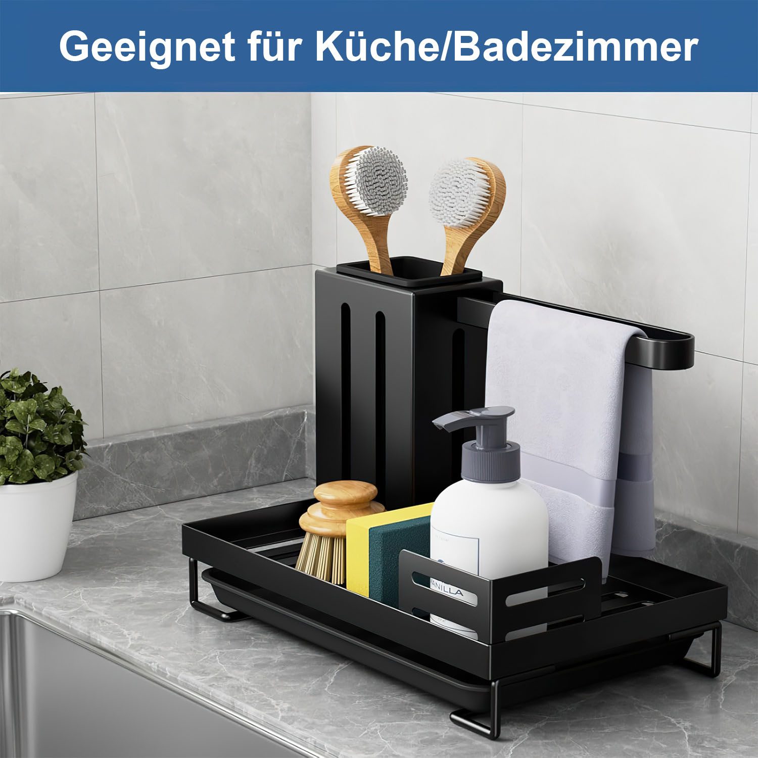 SURFOU Küchenorganizer-Set Spülbecken Küchen Organizer mit Abflusspfanne Utensilien Korb, (Arbeitsplatte Schwamm Bürste Seifenschale Halter Handtuchhalter), Waschbecken Schwammablage Spüle Organizer für Küche & Badezimmer
