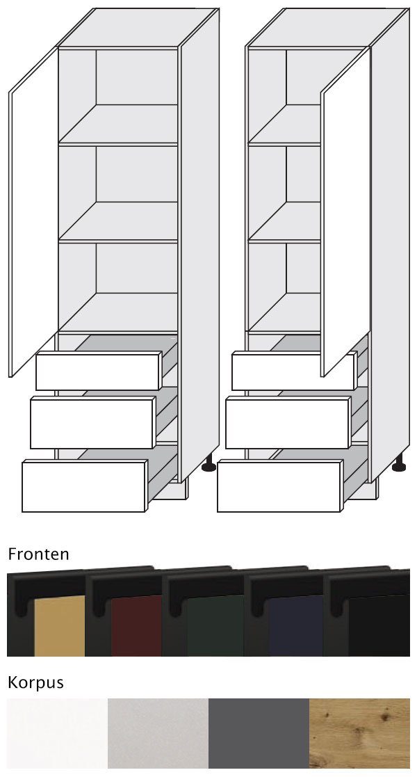 Front- grifflos matt Vorratsschrank Schubladen & Feldmann-Wohnen wählbar 60cm Korpusfarbe & Velden 3 1 super Tür schwarz