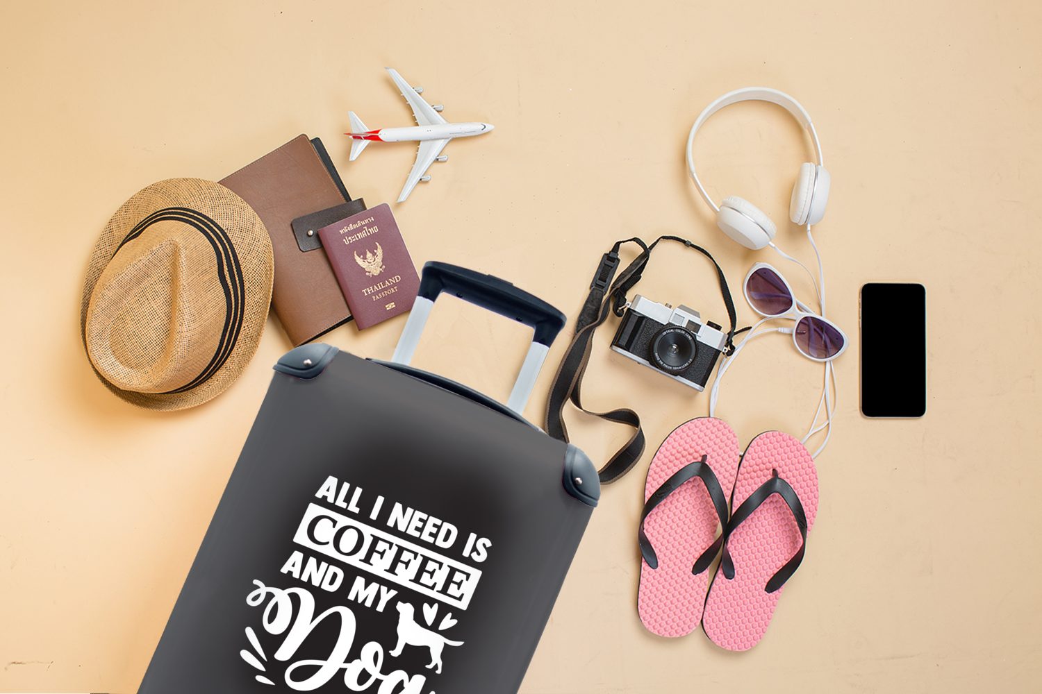 Zitate, Handgepäckkoffer Reisekoffer Weiß für 4 Schwarz Reisetasche Handgepäck - mit - Ferien, Hund Trolley, rollen, Rollen, Kaffee - - MuchoWow