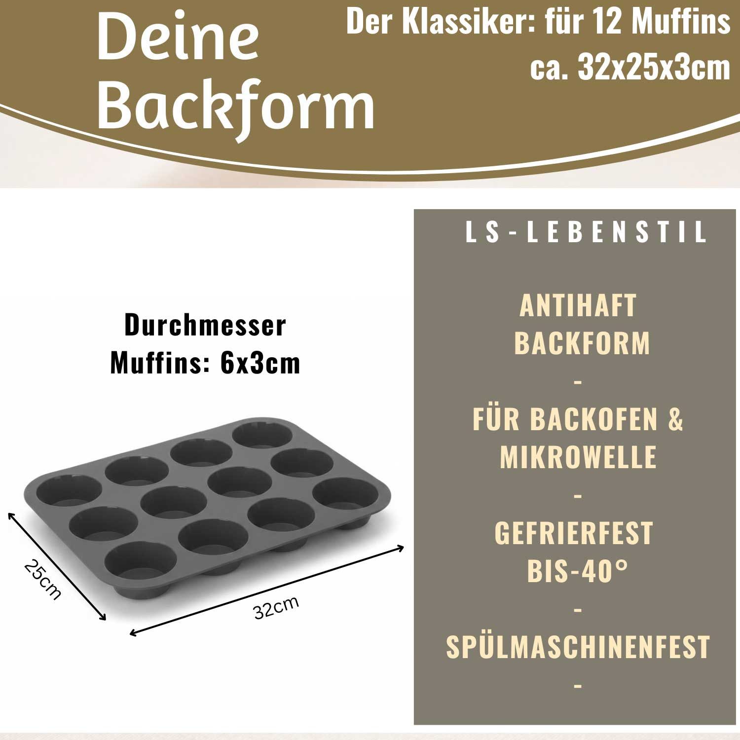 LS-LebenStil Muffinform Silikon Backform 33x25cm für 12 Muffins Muffinblech Cupcake Backmatte, (ideal auch für Brownie, Sorbet, Eis, Pudding 1-tlg), Antihaft Kuchenform, Mikrowellengeeignet, Geschirrspüler geeignet