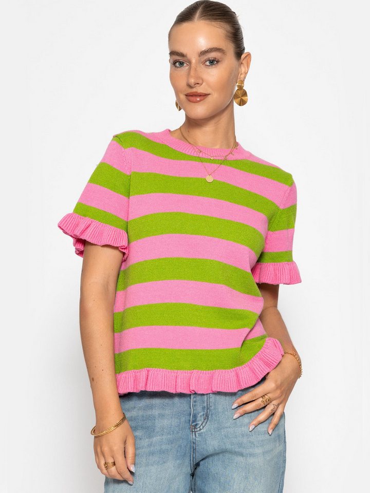 SASSYCLASSY Kurzarmpullover Gestreifter Kurzarm-Pullover mit Volants Damen Verspieltes Shirt aus Strick im geraden Schnitt mit Rundhals