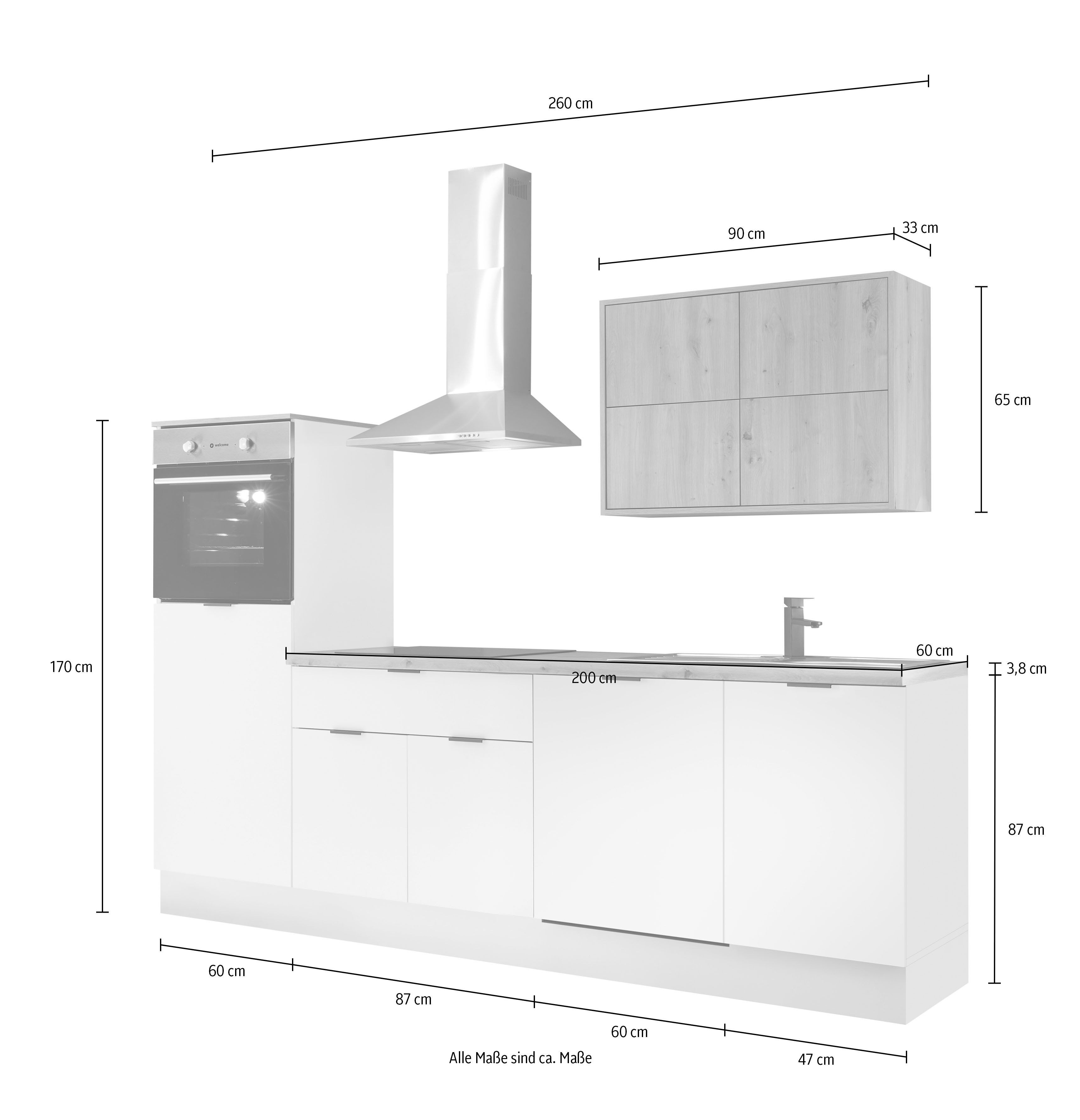 KOCHSTATION Küchenzeile KS-Georgia, mit 38mm starker Arbeitsplatte, Breite 260 cm, wahlweise mit E-Geräten und Kühlschrank