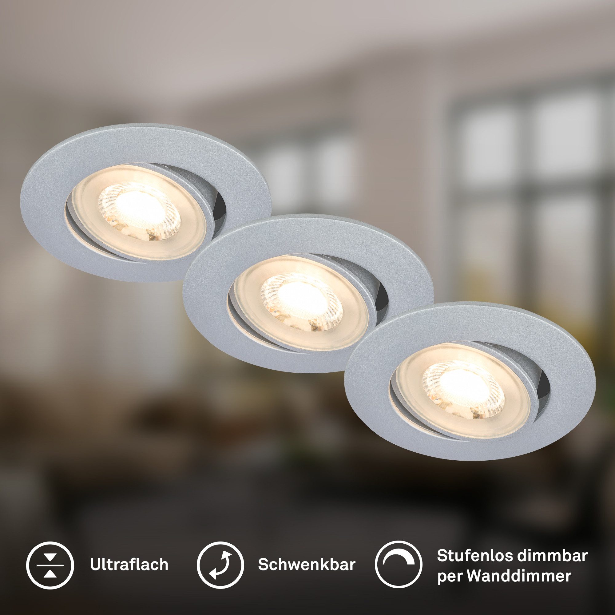Briloner Leuchten LED Einbauleuchte Einbaustrahler 3er Set Dimmbar Schwenkbar, Dimmbar, LED fest integriert, Warmweiß, 90x24 mm, Wohnzimmer, Flur