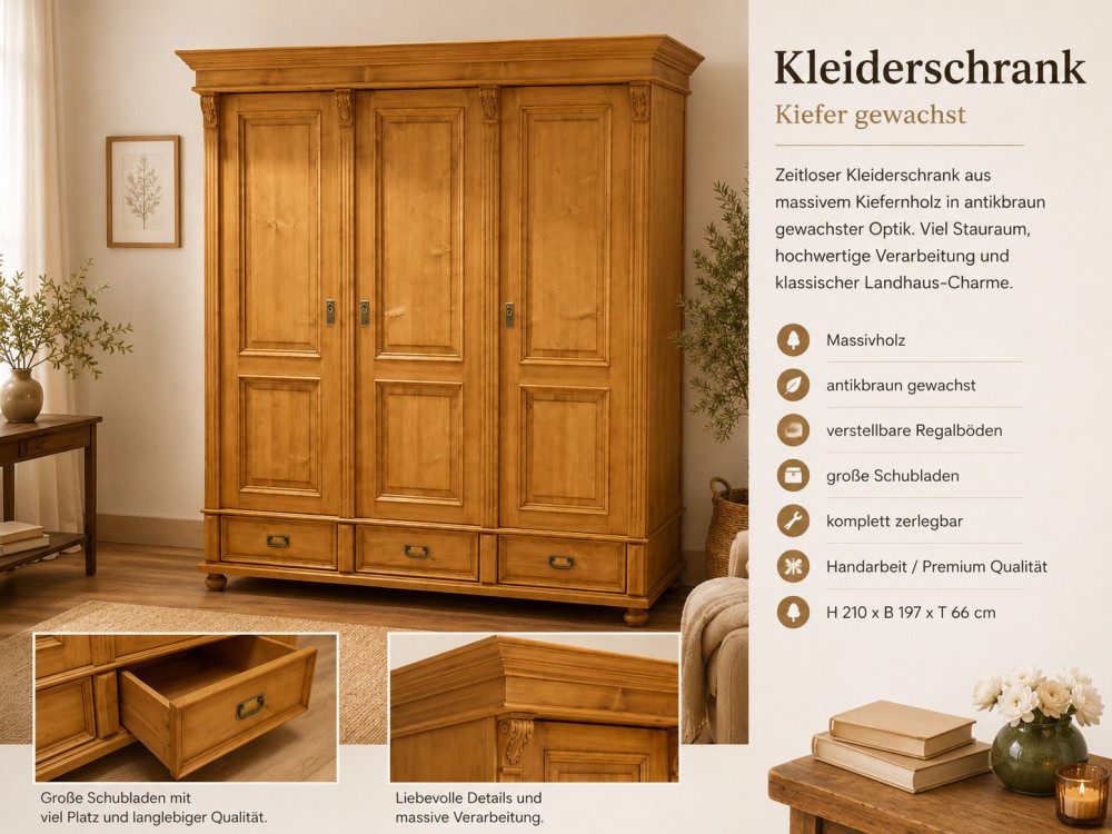Wohnpalast Vitrine Premium Landhaus Kleiderschrank 3-türig, Massivholz Schrank im Landhau