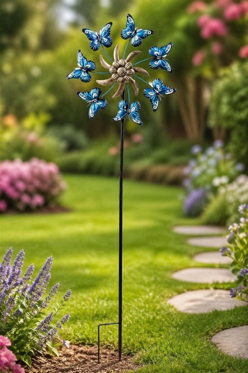 Geschenkestadl Deko-Windrad Gartenstecker Schmetterlinge blau Windspiel Metall 118 cm Deko (1 St., 7 Schmetterlinge), Windrad Schmetterling