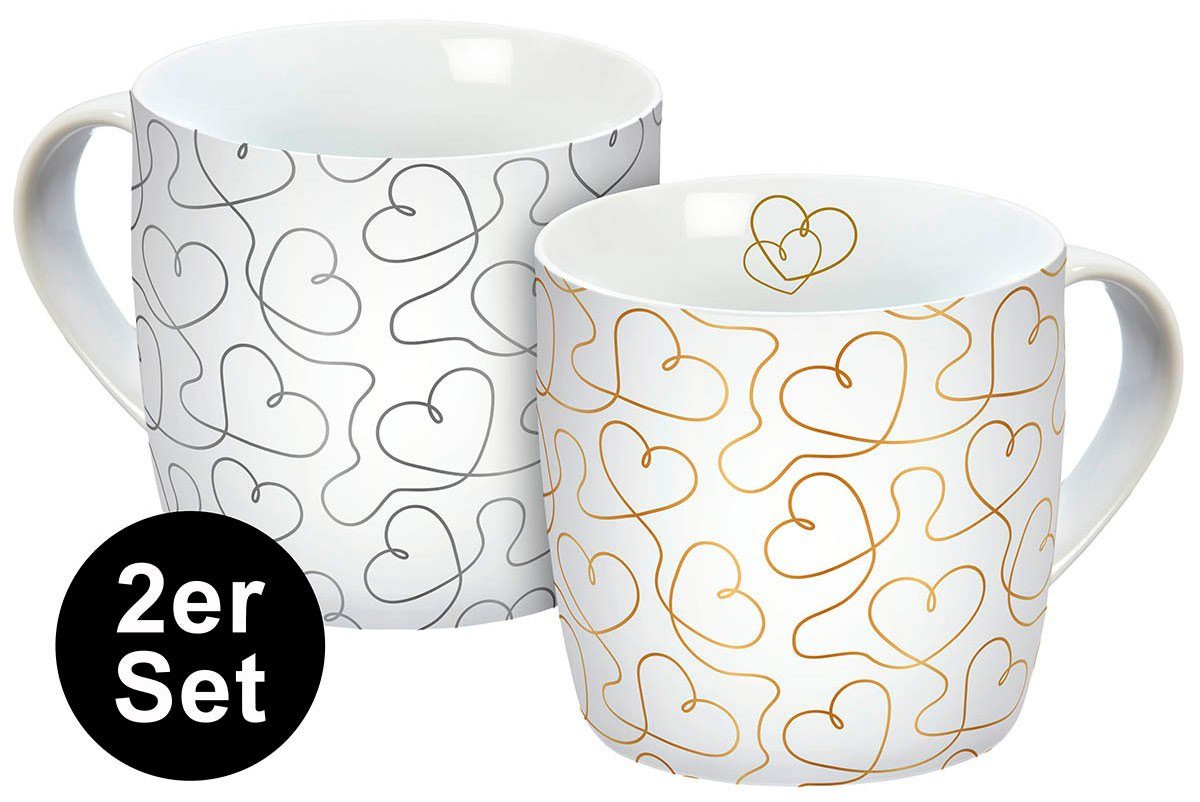 Geda Labels GmbH Tasse Flying Hearts 2er Set, Porzellan, gold & silber, 250 ml, spülmaschinengeeignet