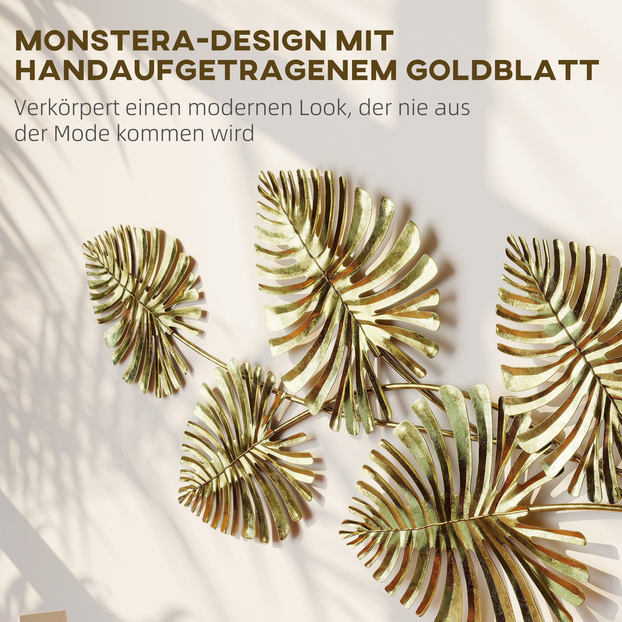 furnicato Wanddekoobjekt Wanddekor-Set Metall, lackiert, Blatt-Form, Goldfarben (1 St), Blattgold-Wandkunst mit Monstera-Design für das Büro inkl. Haken