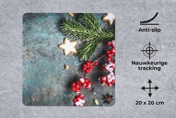 MuchoWow Mauspad Weihnachten - Rustikal - Zweige - Sternanis - Beeren - Rot (1-St), Gaming, Mousepad, Büro, 20x20 cm, Mausunterlage