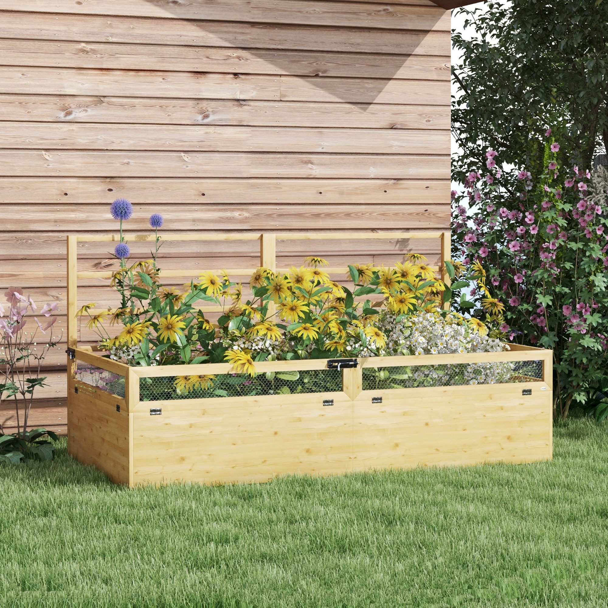 Outsunny Hochbeet mit Rankhilfe, Kräuterbeet, für Garten, Balkon (Gartenbeet, 1 St., Blumenkasten), für Garten, Balkon, Naturholz, 183 x 98,5 x 95 cm