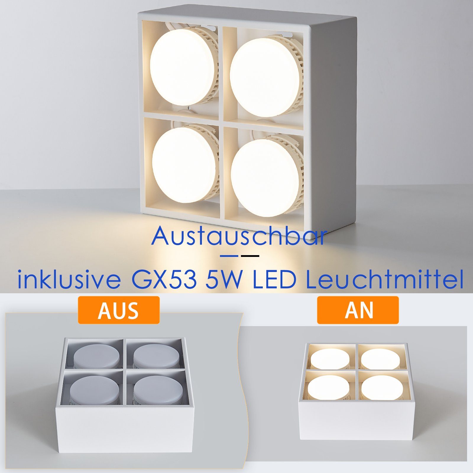 Deckenstrahler ZMH für 4 Flammig Esszimmer Wohnzimmer Aufputz LED LED Deckenleuchte 3000k, Büro Aufbaustrahler, mit Weiß integriert, Küche Flur, 20W fest Schwenkbar