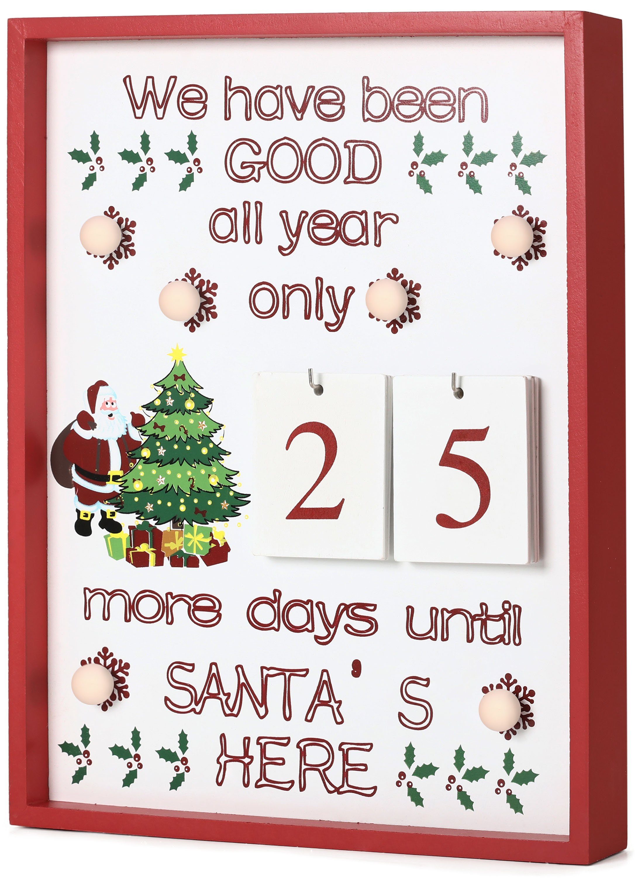 BRUBAKER Wandkalender Adventskalender Countdown Wandtafel - Kalender Weihnachten aus Holz, mit Kalenderblättern und 6 LED Lichtern - 28 x 4 x 35,5 cm