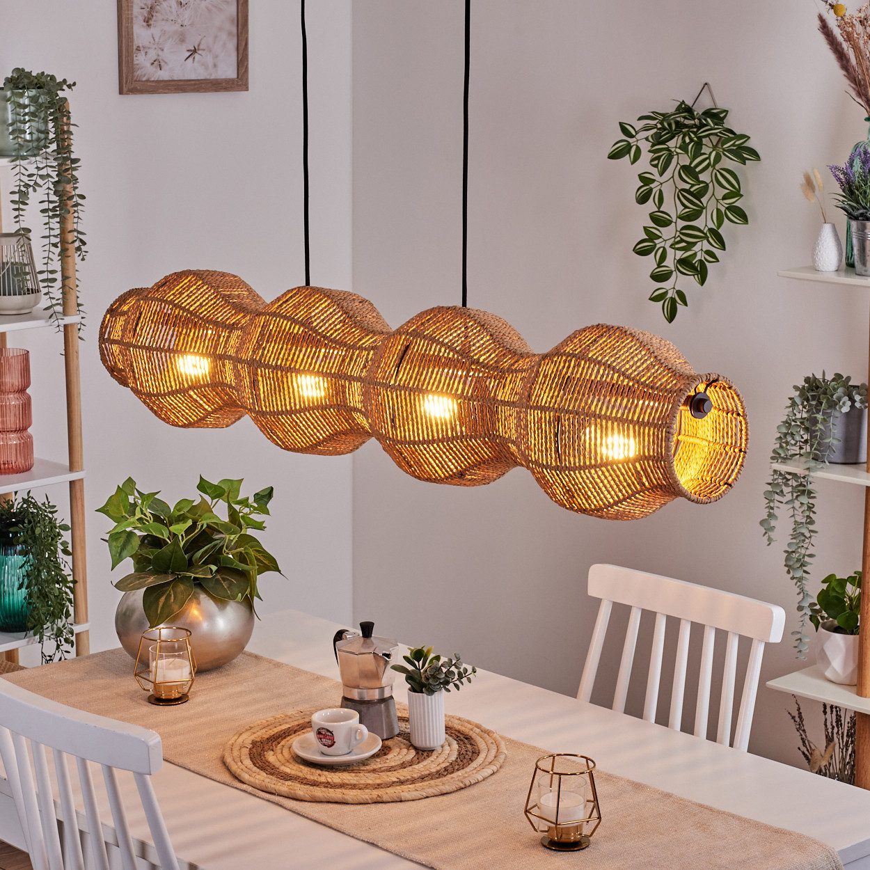Pendelleuchte Hängelampe aus Metall/Rattan in Schwarz/Braun/Naturfarben