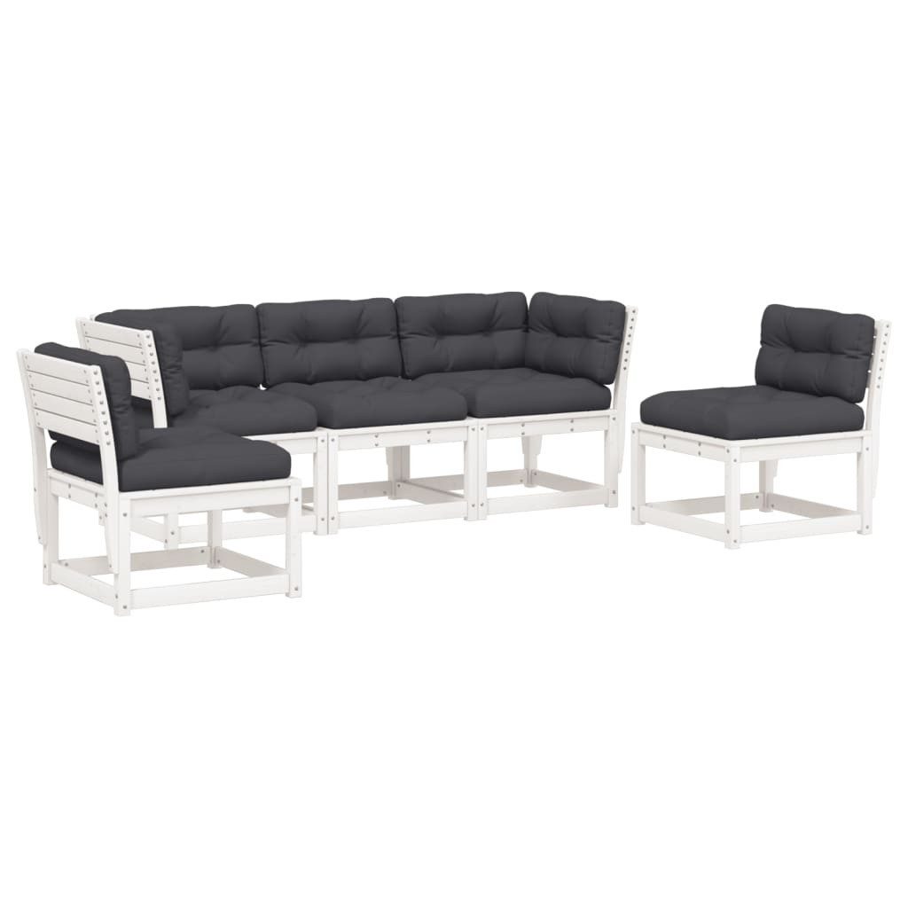 vidaXL Gartenlounge-Set 5-tlg. Garten-Sofagarnitur mit Kissen Weiß Massivholz Kiefer..., (1-tlg)