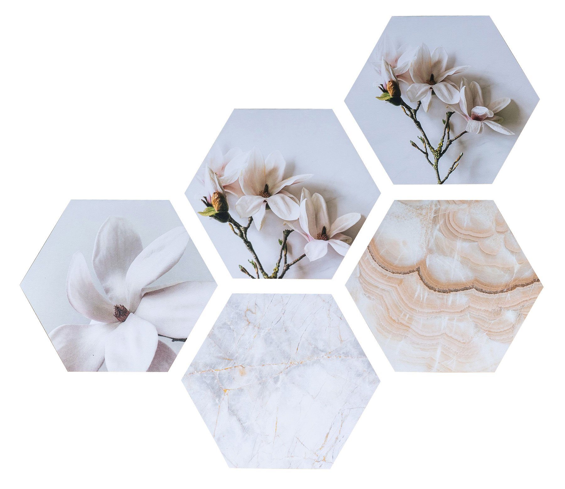 Levandeo® Wandbild, Hexagon Wandaufkleber je 32x28cm Wanddeko Blume Weiß Wandbild