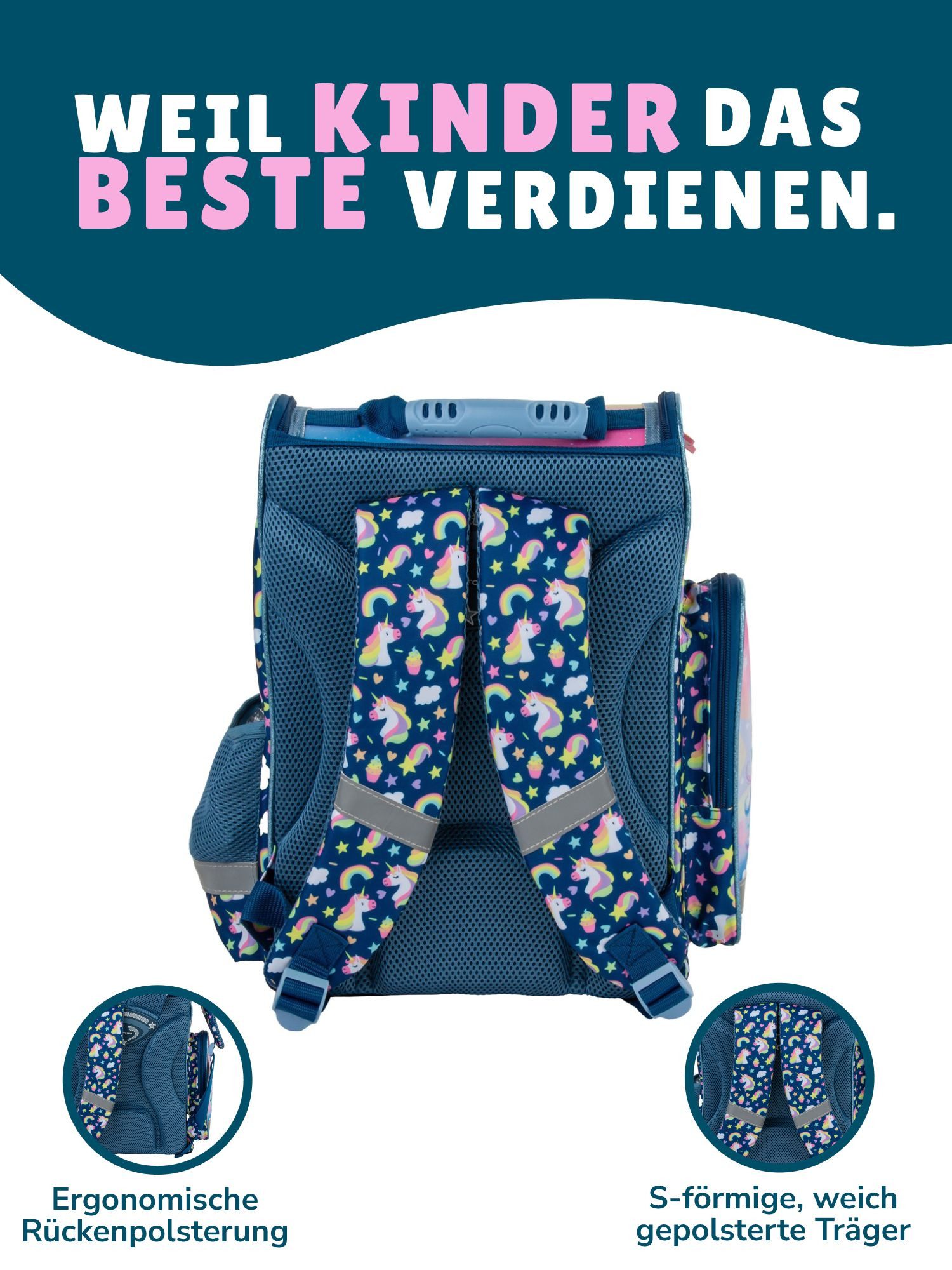 Familando Schulranzen Unicorn Einhorn Schultasche, blau, für Mädchen 1. bis 4. Klasse (Set, 8-tlg., inkl. Federmappe, Lunch-Set und Sporttasche), ergonomisch, 1 – Bild 4 von 5