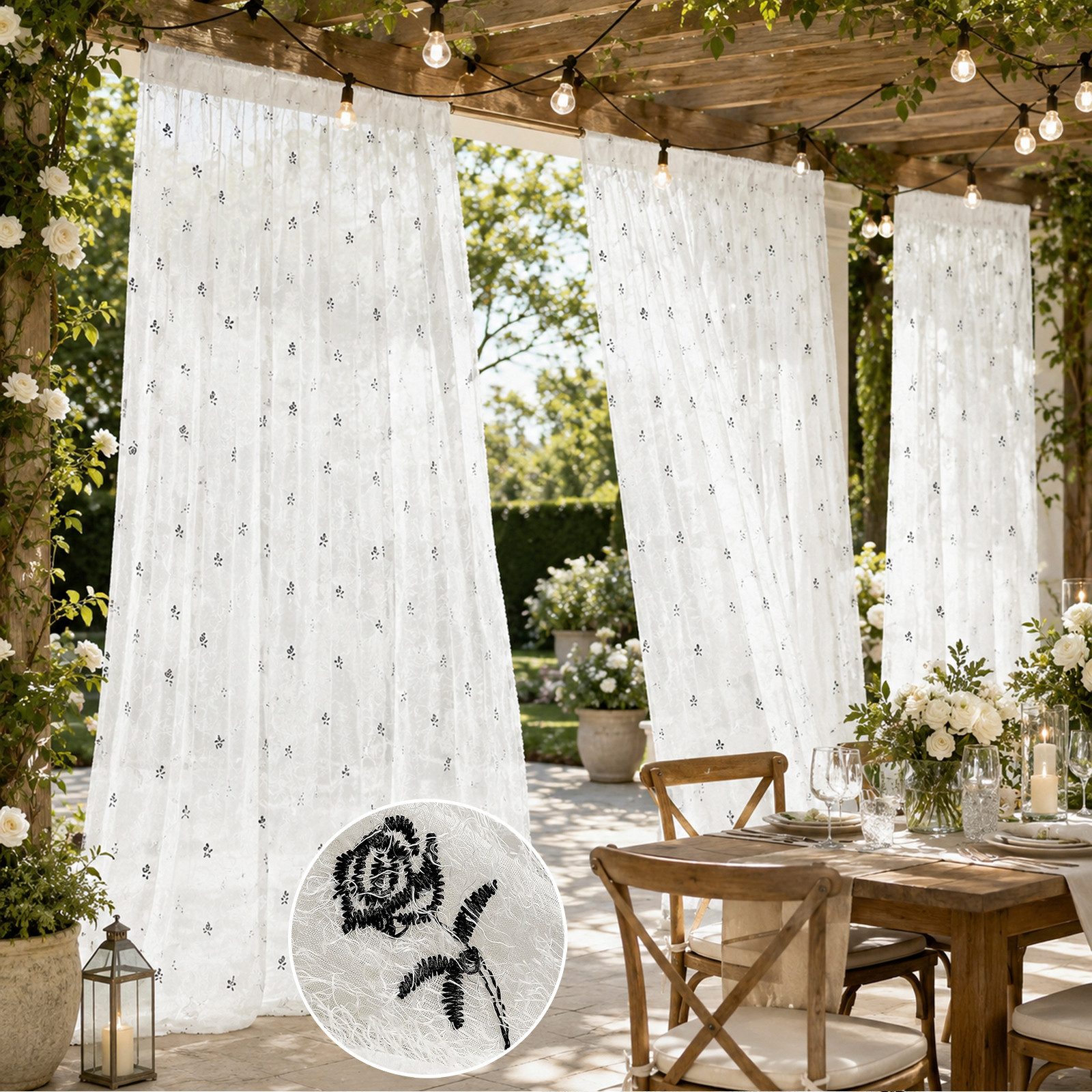 LMaxhome Gardine Vorhang 2er-Set, weiße Voile Gardinen mit Shaggy Rosenstickerei, 120 g/m² Polyester, 6-in-1 Aufhängung, für Wohnzimmer & Hochzeit