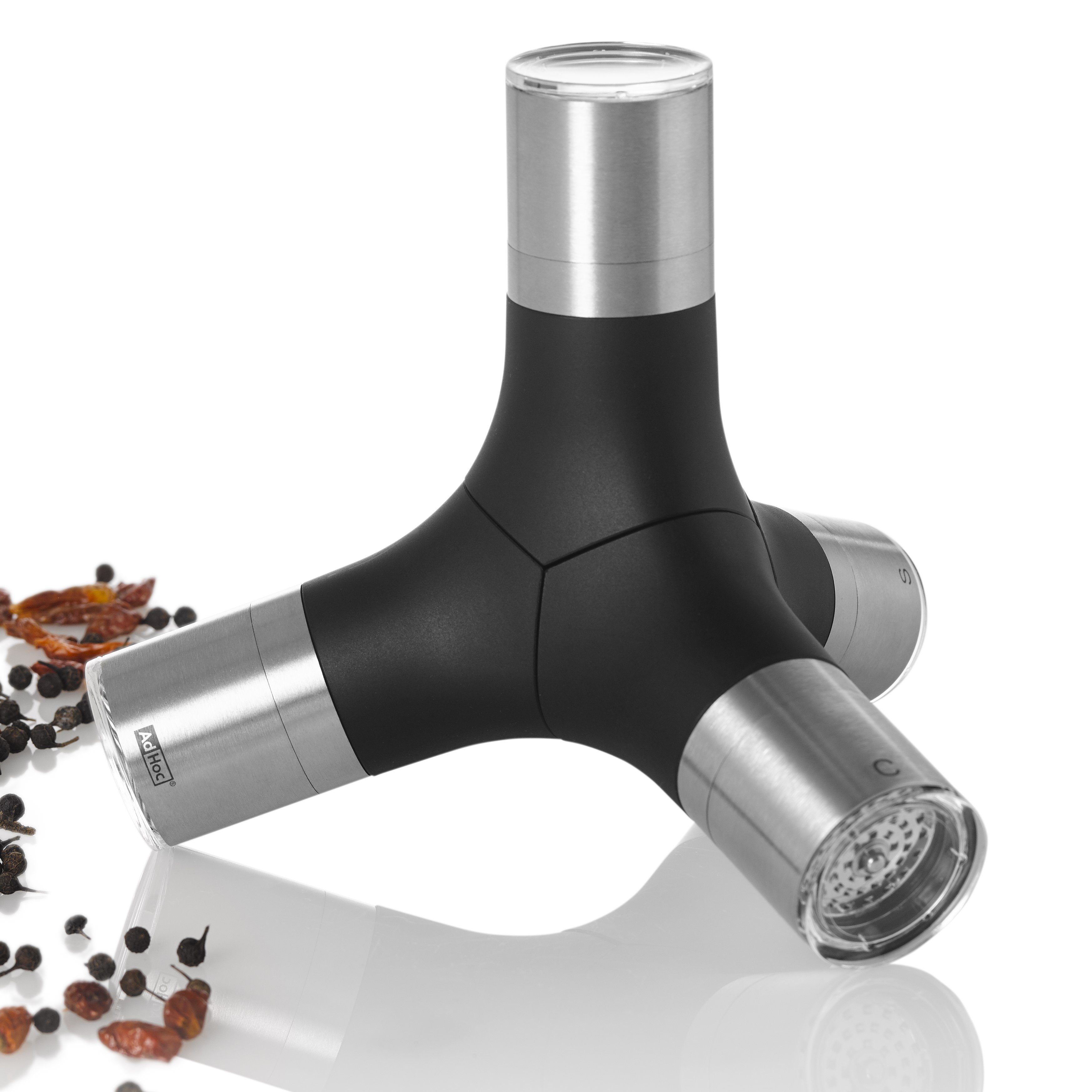 AdHoc Salz-/Pfeffermühle magnetische 4in1 Mühle GIANT manuell, das Multitalent für Pfeffer, Salz, Chili & Co.