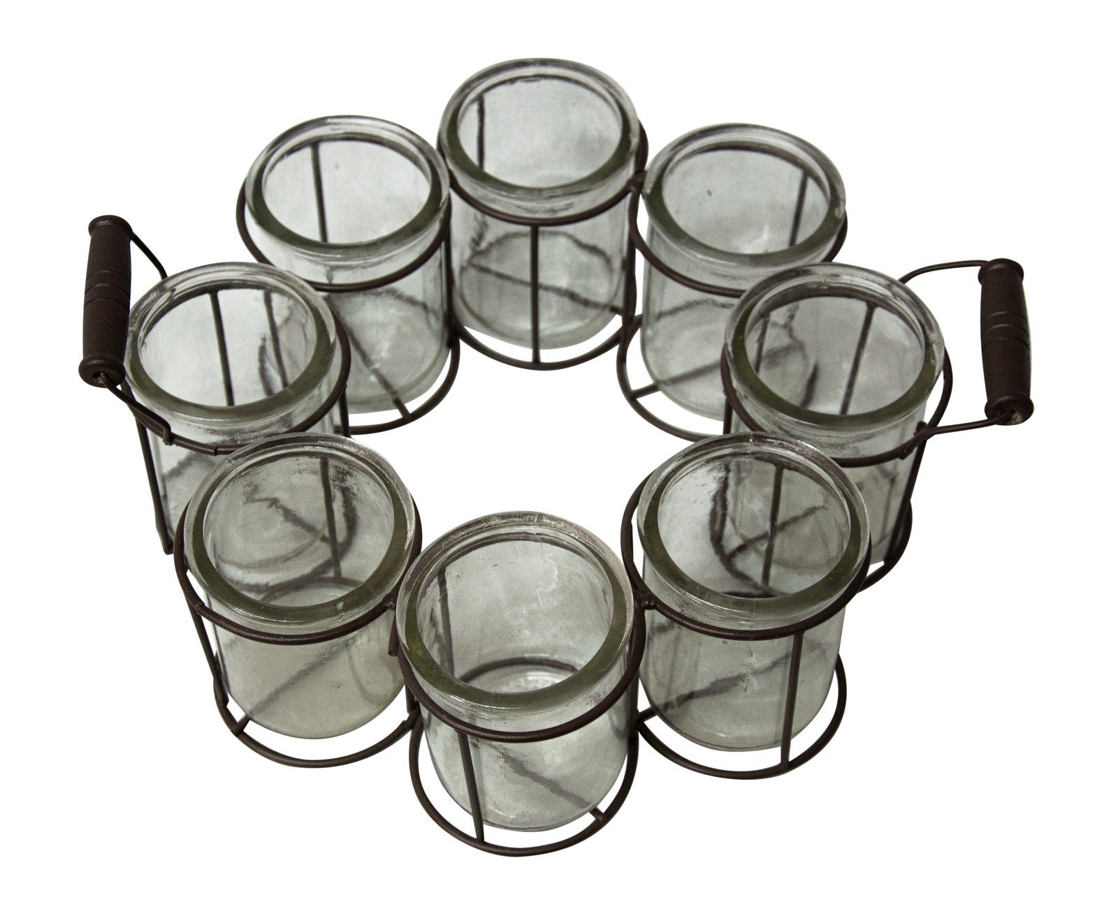 Parts4Living Tischvase Metall Korb mit Henkeln und 8 Gläsern Blumenvasen Vasenset Teelichthalter schwarz 35x29x13 cm, mit rustikalem Charme