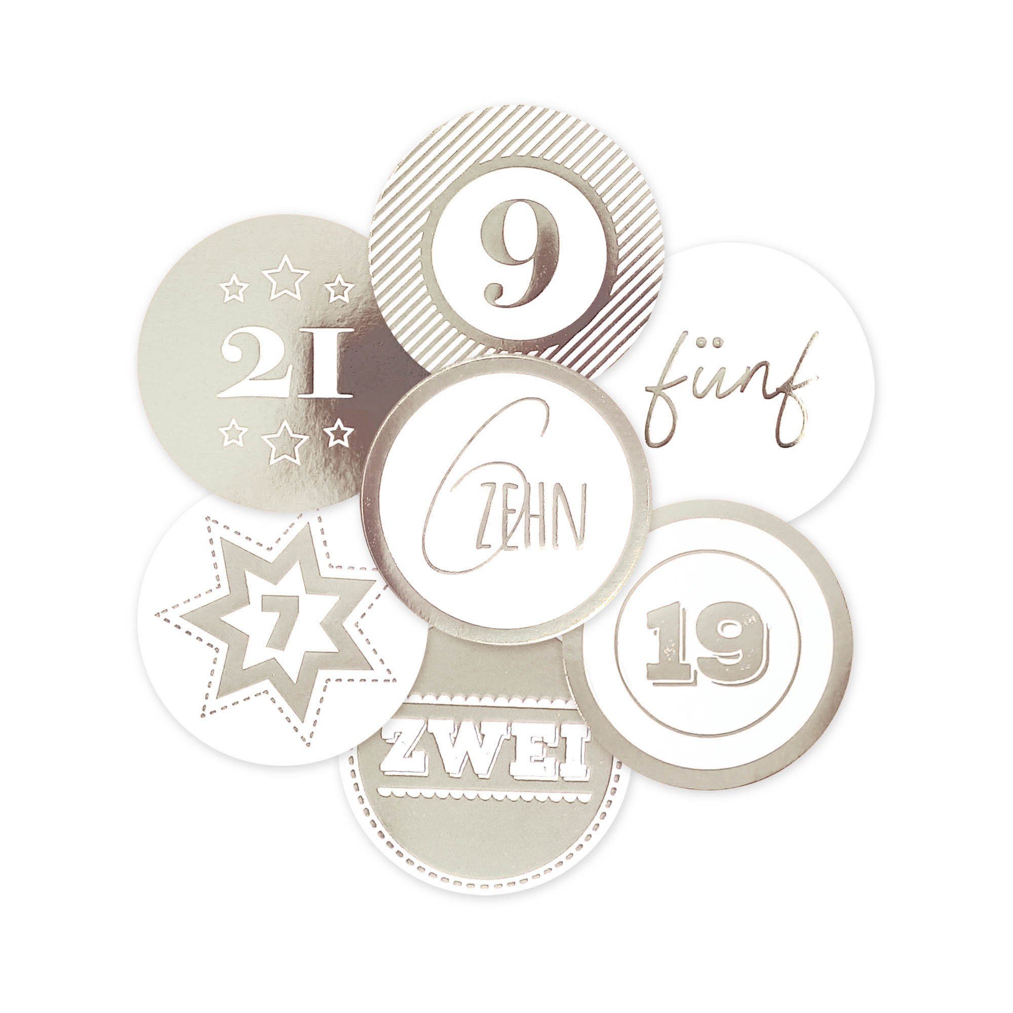 Frau WUNDERVoll Sticker 24 Adventskalenderzahlen XL Aufkleber silber, Durchmesser 6 cm