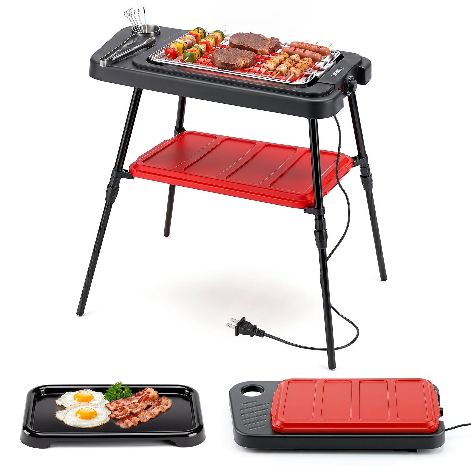 COSTWAY Elektro-Standgrill, 2000 W, doppelter Grillplatten, höhenverstellbar
