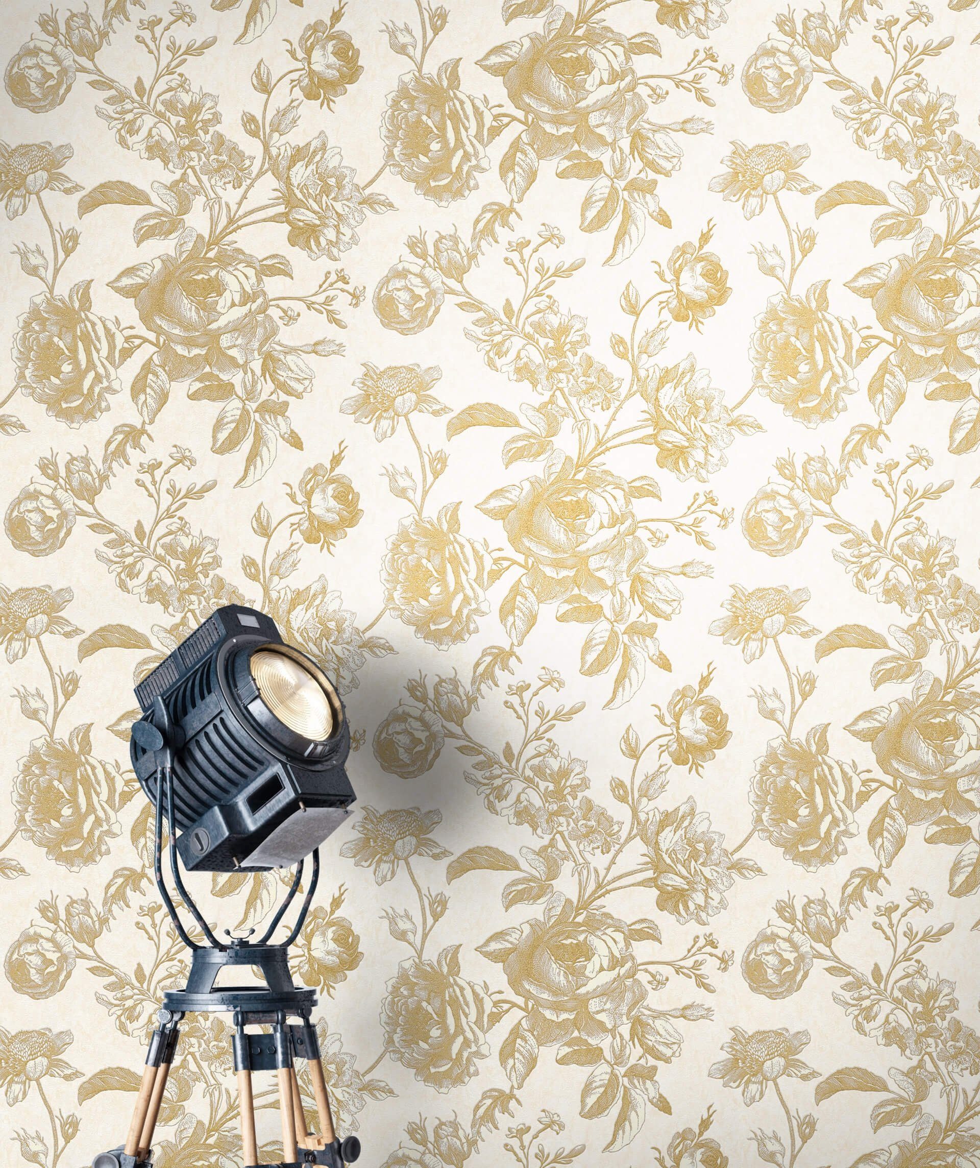 Newroom Vliestapete Mirta Beige Tapete Blumentapete Blumen,Rosen,Beton, Beige Tapete Floral Blumen - Blumentapete Gold Creme Romantisch Modern Rosen Beton für Wohnzimmer Schlafzimmer Flur, modern