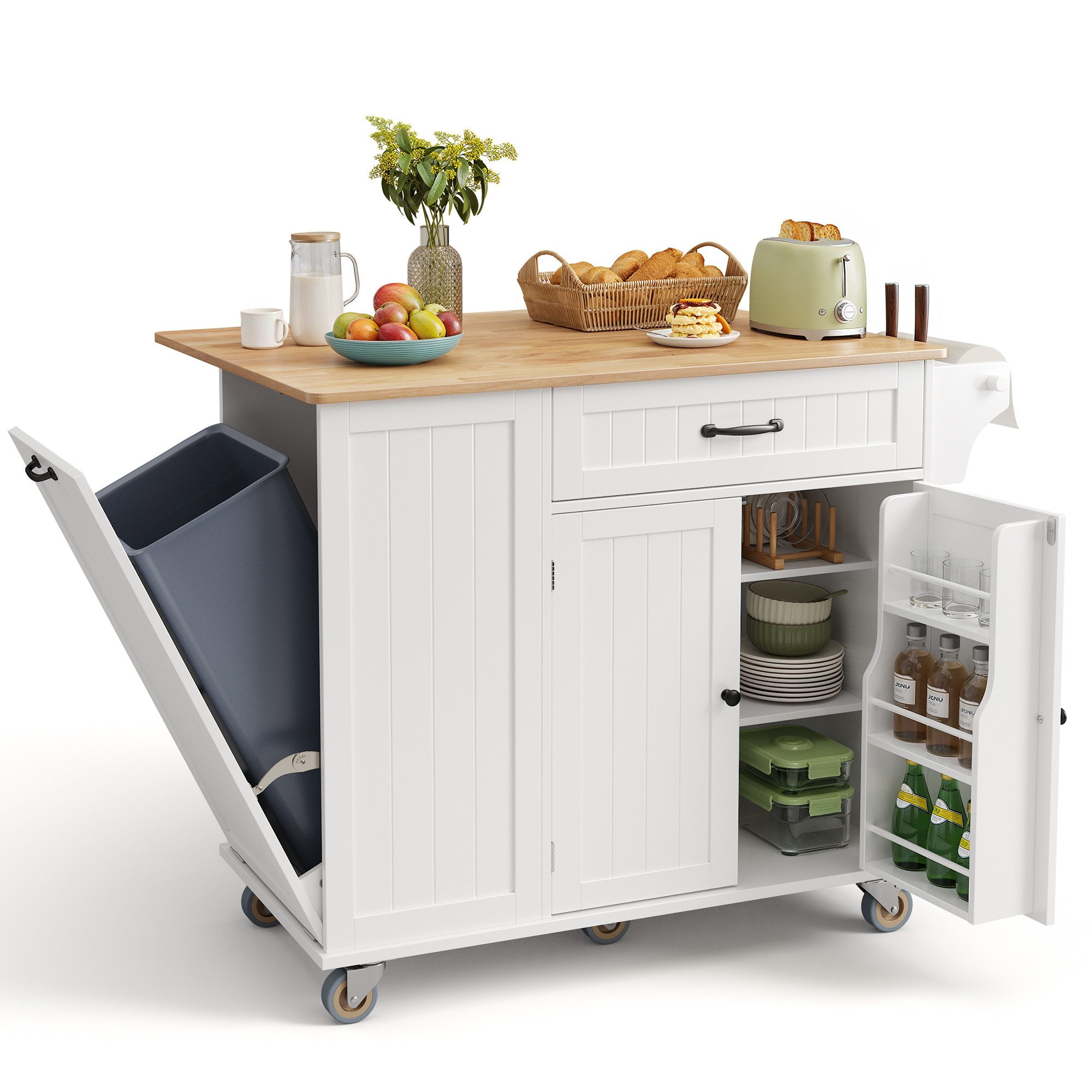 Blishom Küchenwagen Fahrbare Kücheninsel mit Mülleimerfach, 113x51x91 cm, Mobile Küchenwagen mit klappbarer Arbeitsplatte und Schubladen