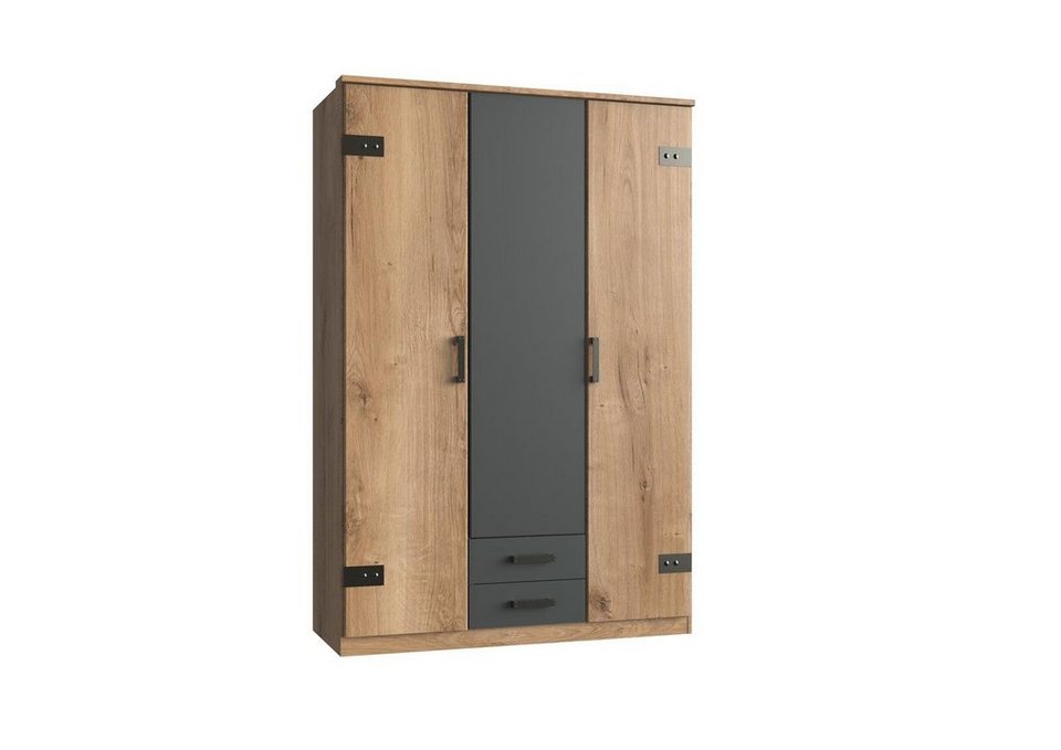 möbelando Kleiderschrank Cheston Moderner Kleiderschrank aus Spanplatte in  Plankeneiche Nachbildung, Absetzungen in Graphit mit 3 Holztüren, 2  Schubkästen, 4 Einlegeböden und 1 Kleiderstange. Breite 135 cm, Höhe 198  cm, Tiefe 58 cm, Made in Germany