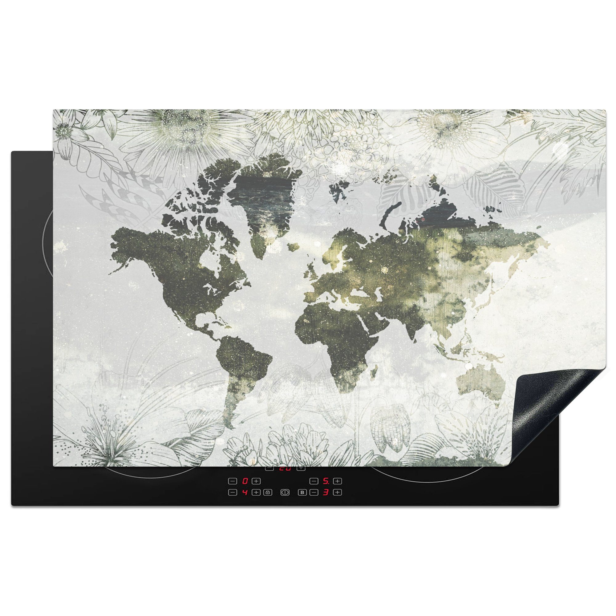 küche, Weltkarte - die für Blumen Vinyl, Herdblende-/Abdeckplatte MuchoWow cm, Ceranfeldabdeckung - Schutz tlg), (1 81x52 Gelb, Induktionskochfeld