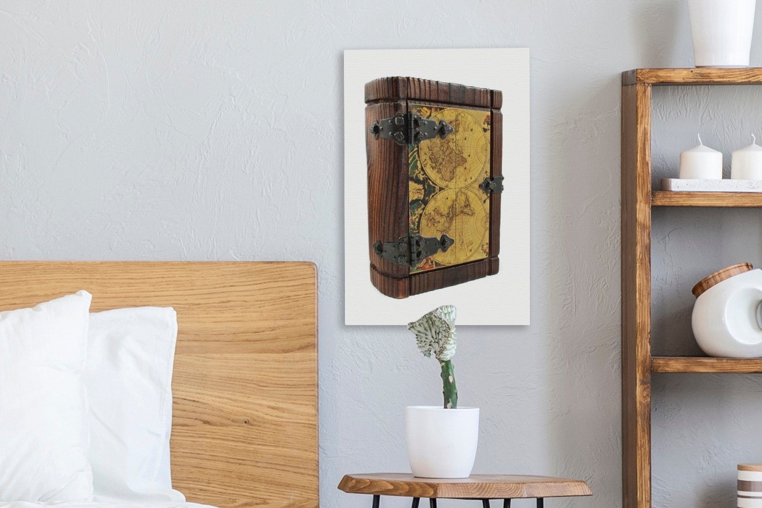 OneMillionCanvasses® Leinwandbild Ein Holzbuch mit 20x30 Zackenaufhänger, der Vorderseite, bespannt Gemälde, einer cm Piratenkarte fertig St), (1 auf inkl. Leinwandbild