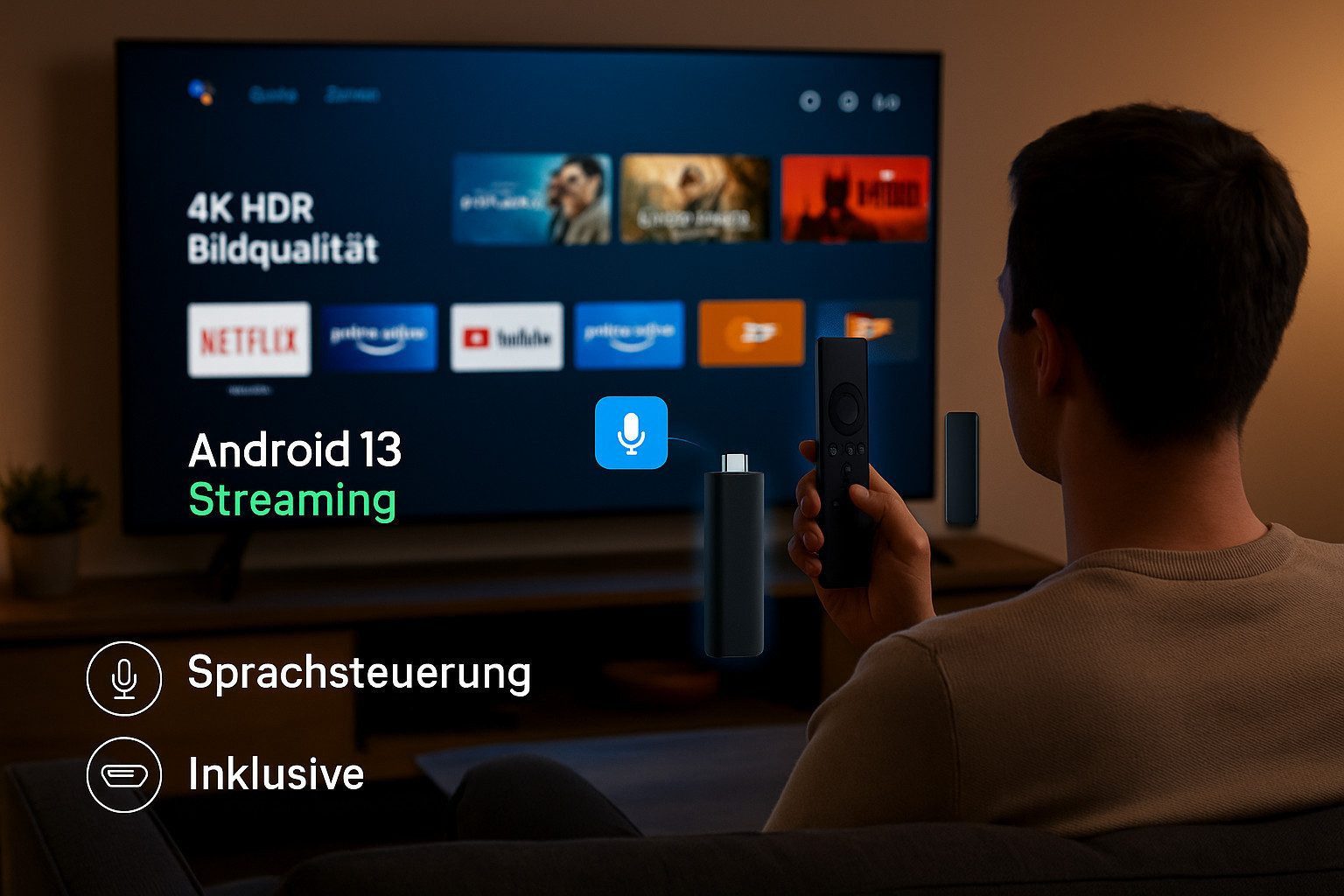 Goldstern-Tech Streaming-Stick, (HDMI Stick, 4K HDR Streaming), Android 13, starker Quadcore & einfache Sprachsteuerung