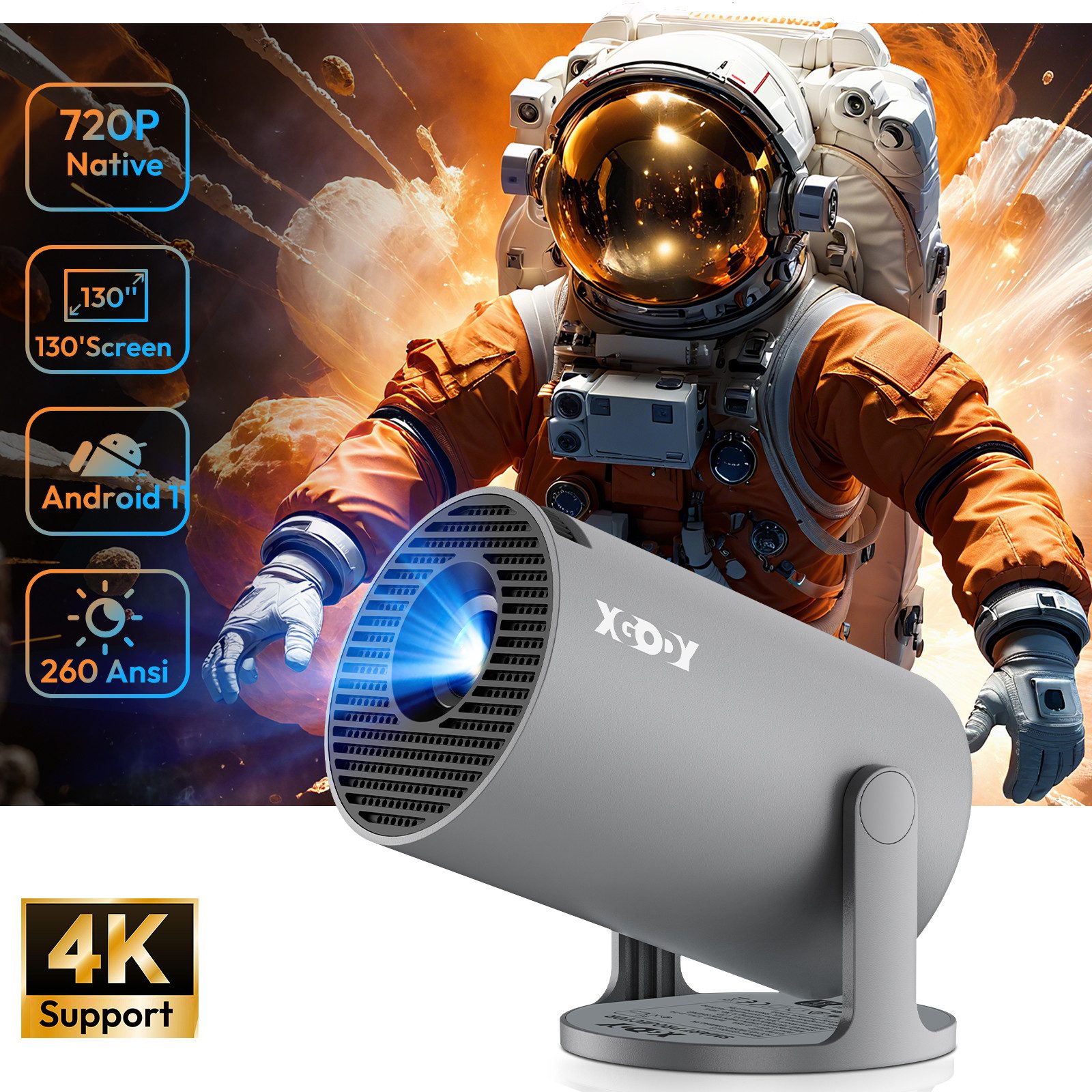 XGODY Kurzdistanzprojektor [2025 Android 11.0] LCD-проектор (12000 lm, 1920 x 1080 px, Mini Projektor mit Android 11/WiFi 6/BT 5.4/ 180-Grad- Winkel)