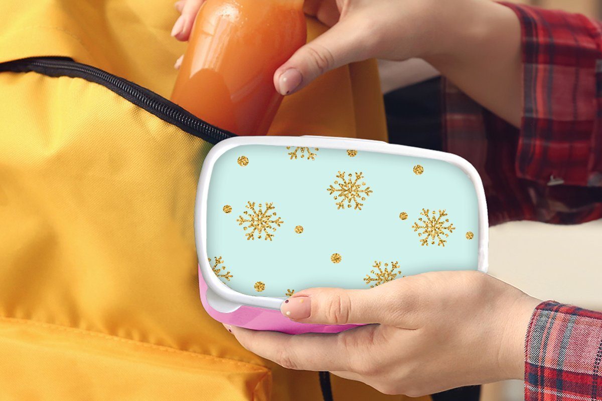 Brotdose Lunchbox Mädchen, Muster für Weihnachten (2-tlg), - Erwachsene, Snackbox, Kunststoff rosa Brotbox Kinder, - Schnee MuchoWow Kunststoff, Gold, -