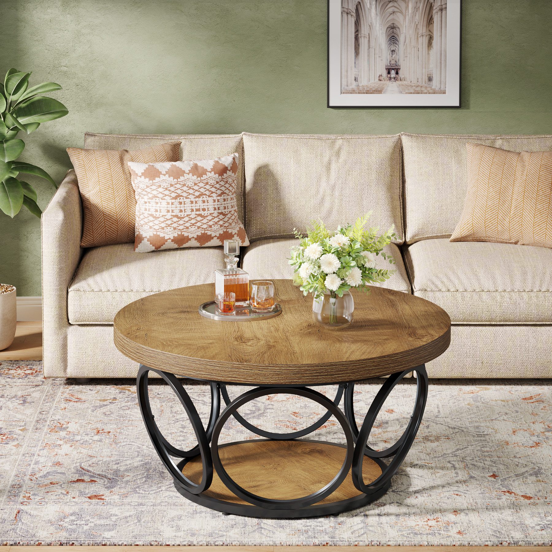 Tribesigns Couchtisch Runde Kaffeetisch Beistelltisch, Industrial 2-Tier-Kreis Holztisch, Bauernhaus Große Runde wohnzimmertisch, Moderne Braune Teetisch
