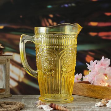 MARELIDA Wasserkrug Glaskrug Vintage Boho Blumenmuster Karaffe Tee Saft Kanne 1,4l gelb