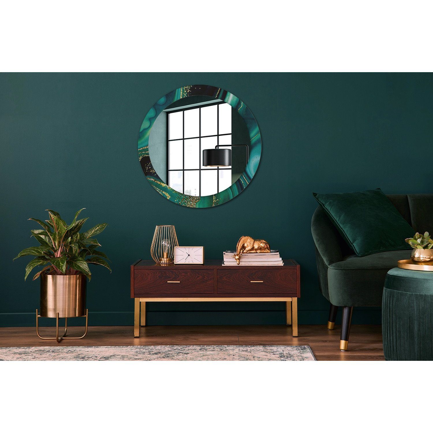 Tulup Badspiegel Rund: Spiegel (Hängespiegel, Grün Aufdruck) mit Design Badspiegel Ø80cm Wandmontage Deko Rund mit Smaragd Aufdruck