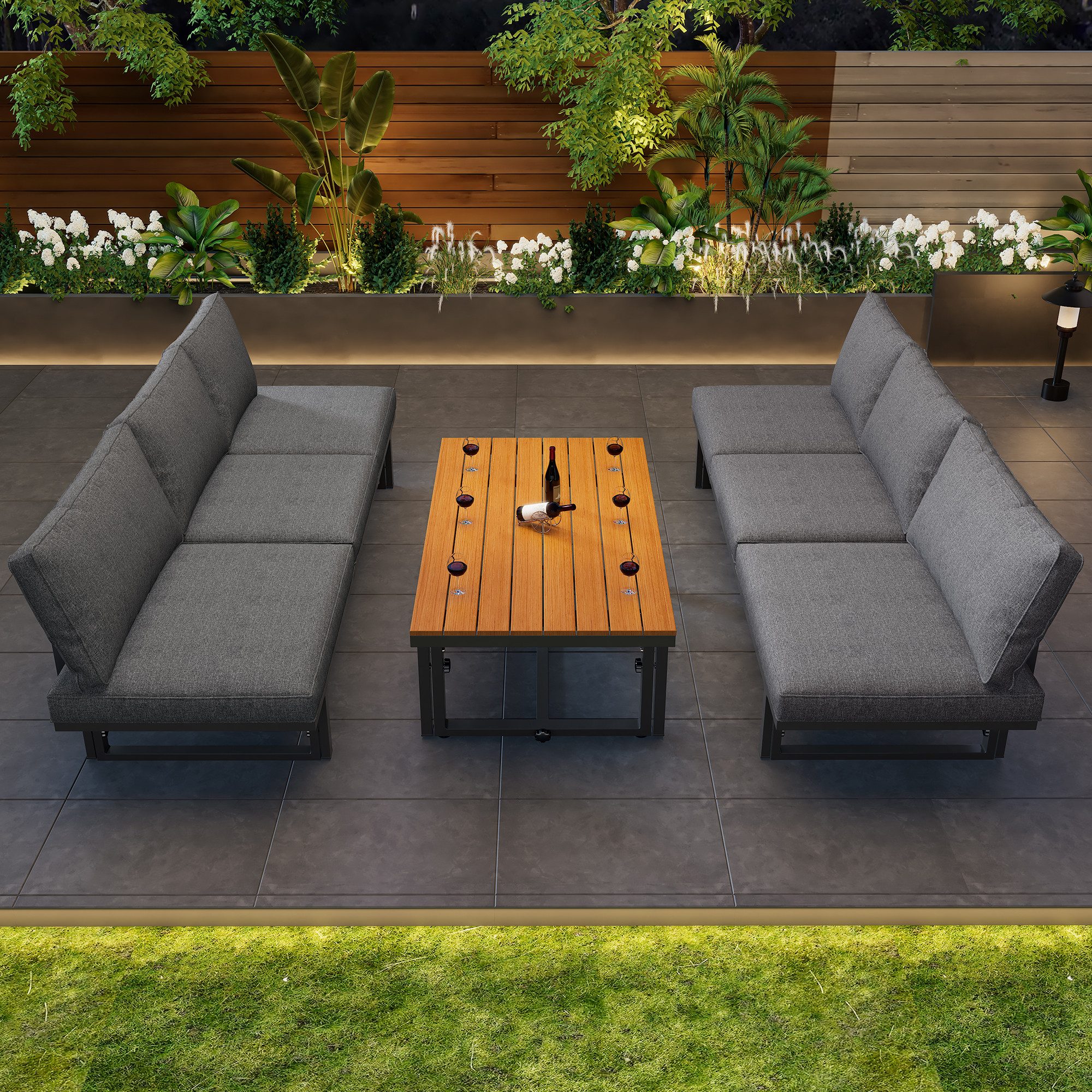 BBWL Gartenlounge-Set mit verstellbarer Rückenlehne, Akazienholz Tisch, Kissen, Gartenmöbel Set Lounge 3-teilig, pulverbeschichteter Eisenrahmen