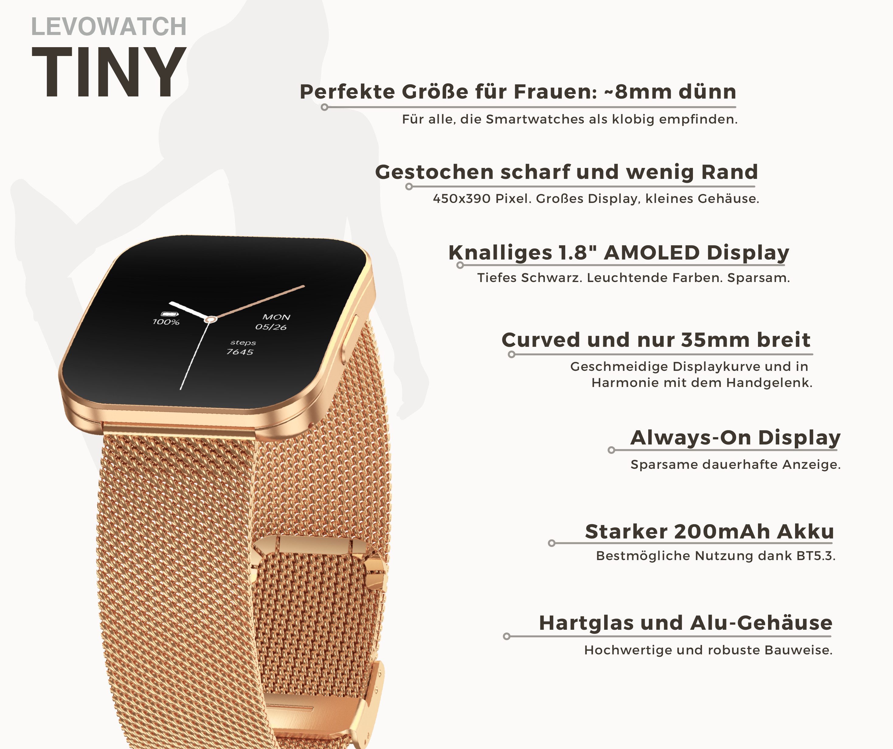 Levowatch TINY Damen Smartwatch, Sprachassistent, AMOLED Always-On Display Smartwatch (4.7 cm/1.8 Zoll, Android und iOS) Fitness Tracker Uhr, 3 Armbänder, Menstruationszyklus, wasserdicht, 8mm Gehäuse, 4-teilig, Schrittzähler, Puls, SpO2, Blutdruck, Schlafüberwachung, Anruffunktion