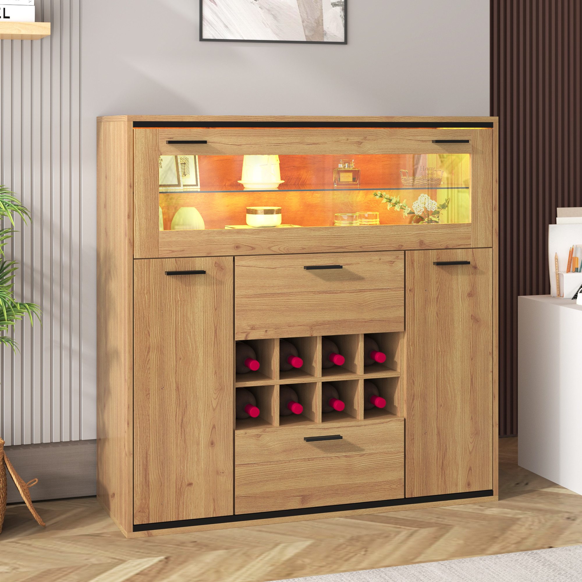 Merax Sideboard mit LED-Beleuchtung in Wildeiche-Optik, großer Stauraum, ab günstig online kaufen