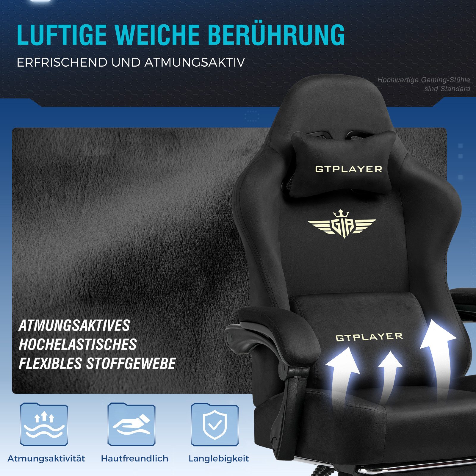 GTPLAYER Gaming-Stuhl Atmungsaktiver Bürostuhl, bürostuhl ergonomisch Hochwertiger - Stoff, 160° Verstellbare Rückenlehne und ausziehbare Fußstütze – Bild 5 von 5
