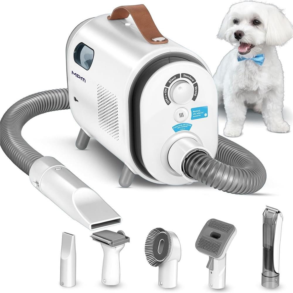 MPM Hundeschermaschine MOD-1000, 4 Kämme (3/6/9/12 mm), Kombidüse, Pflege-, Unterfell- und Pfotenbürste, 6-in-1 Tierpflege, 10 kPa, 4-stufiger HEPA-Filter, drei Modi, Trocknen