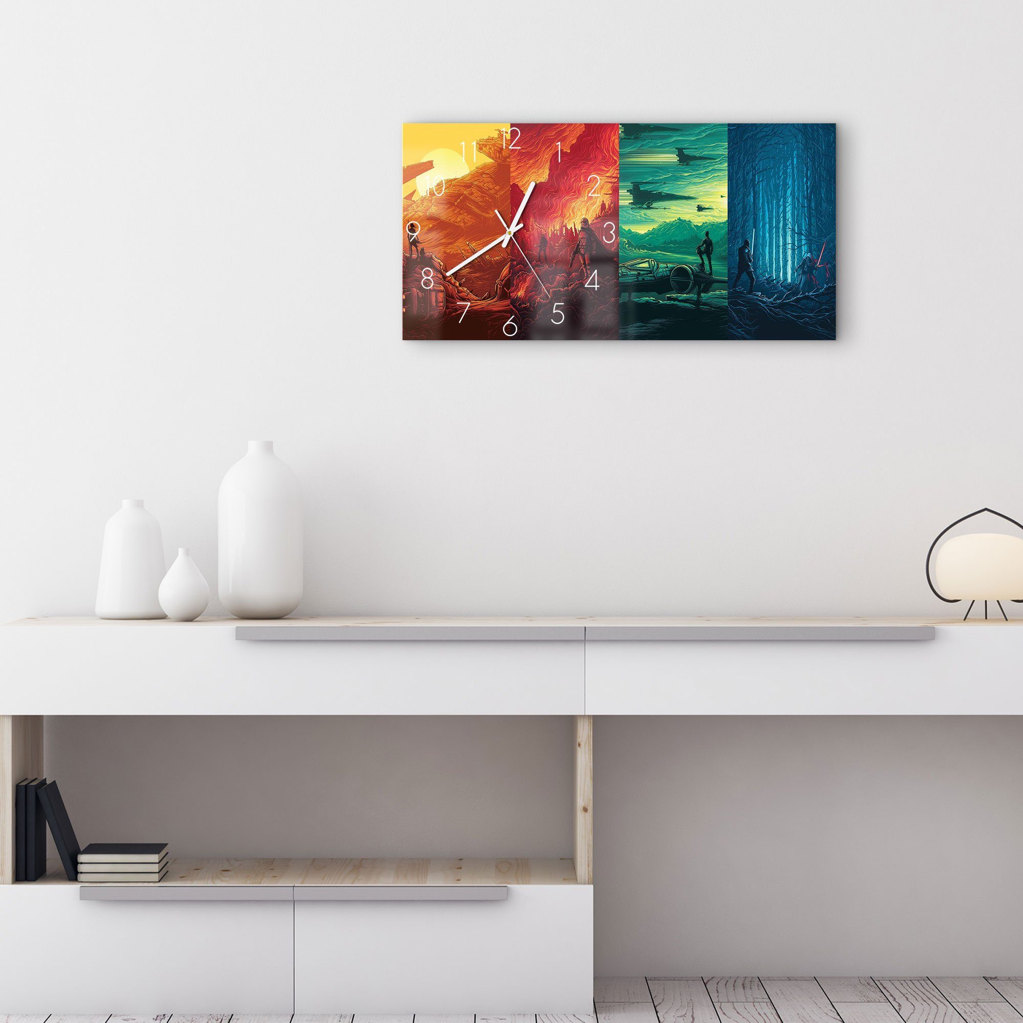 DEQORI Wanduhr 'Bunte Star Wars Collage' (Glas Glasuhr modern Wand Uhr Design Küchenuhr)