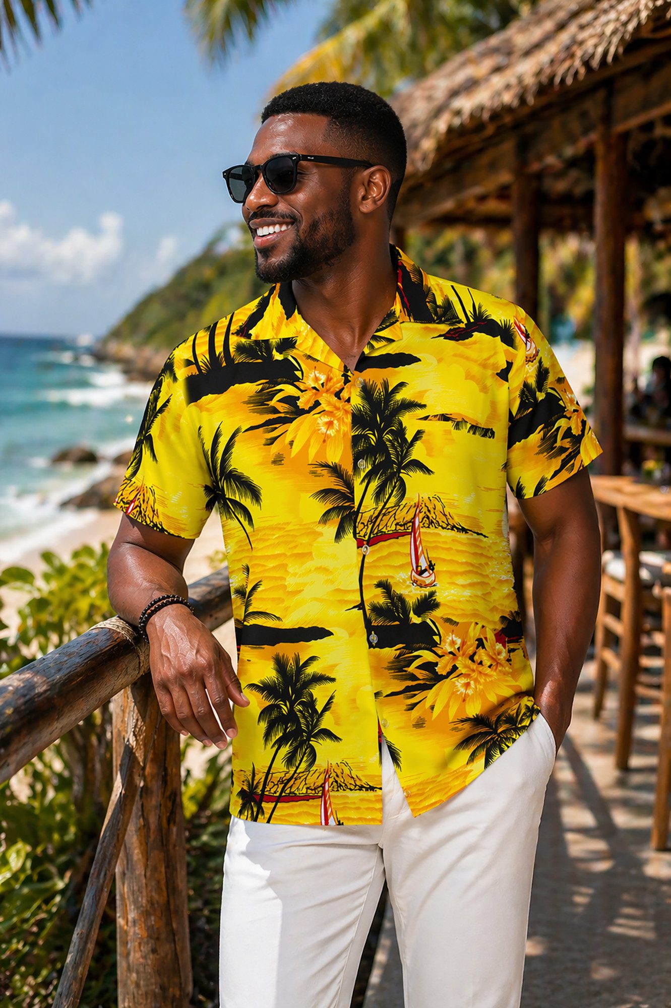 King Kameha Hawaiihemd "Surf" Funky Hawaii-Hemd Herren Kurzarm Front-Tasche Sommerhemd